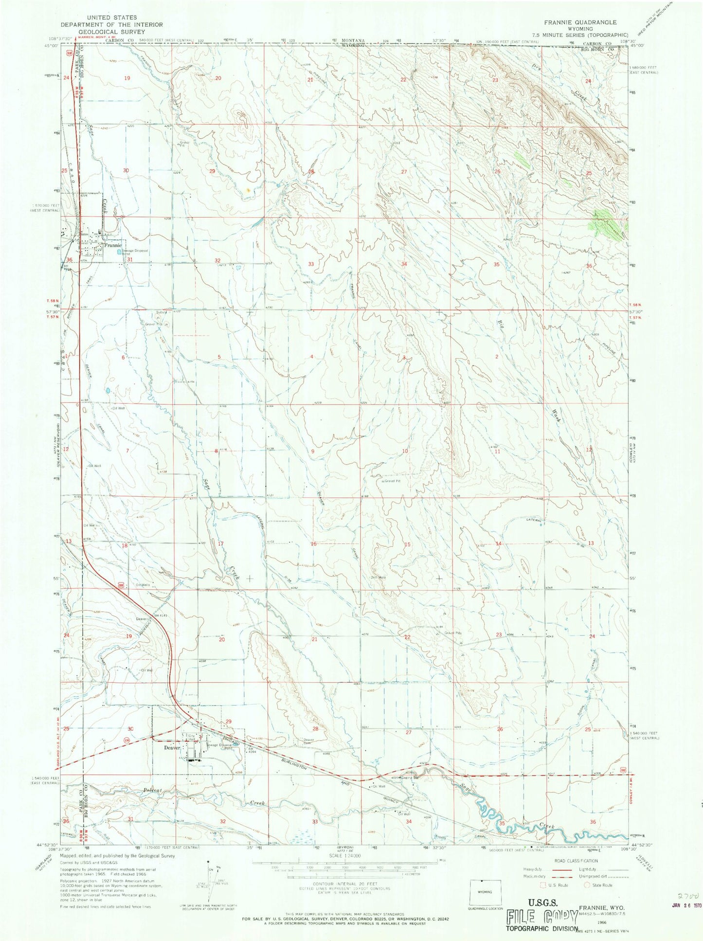 Classic USGS Frannie Wyoming 7.5'x7.5' Topo Map Image