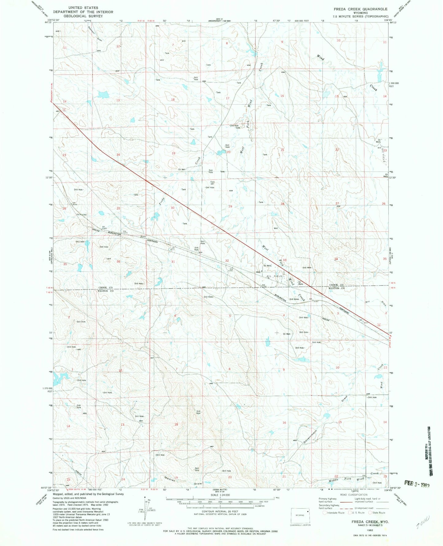 Classic USGS Freda Creek Wyoming 7.5'x7.5' Topo Map Image