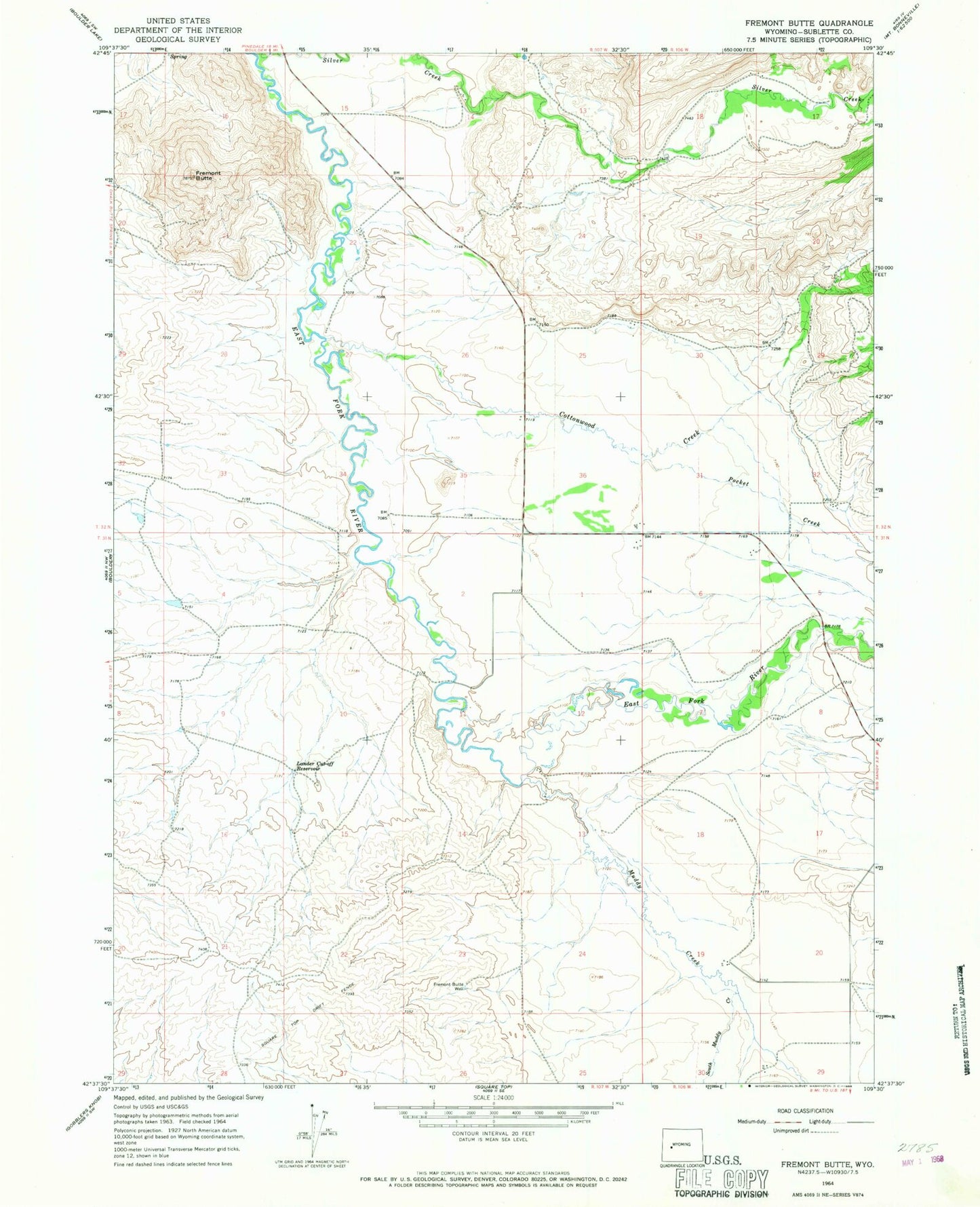 Classic USGS Fremont Butte Wyoming 7.5'x7.5' Topo Map Image