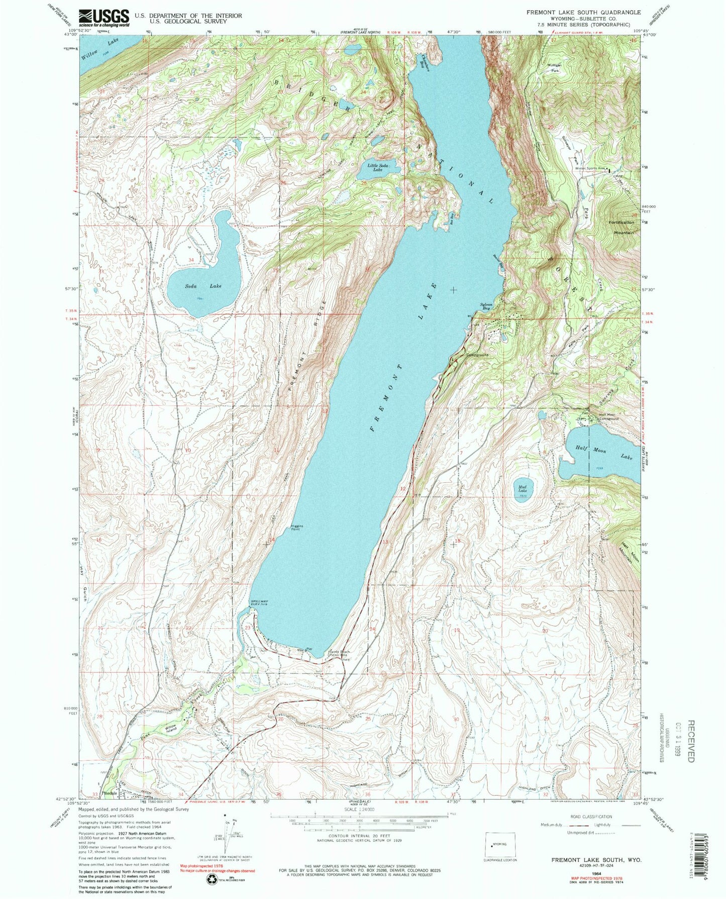 Classic USGS Fremont Lake South Wyoming 7.5'x7.5' Topo Map Image