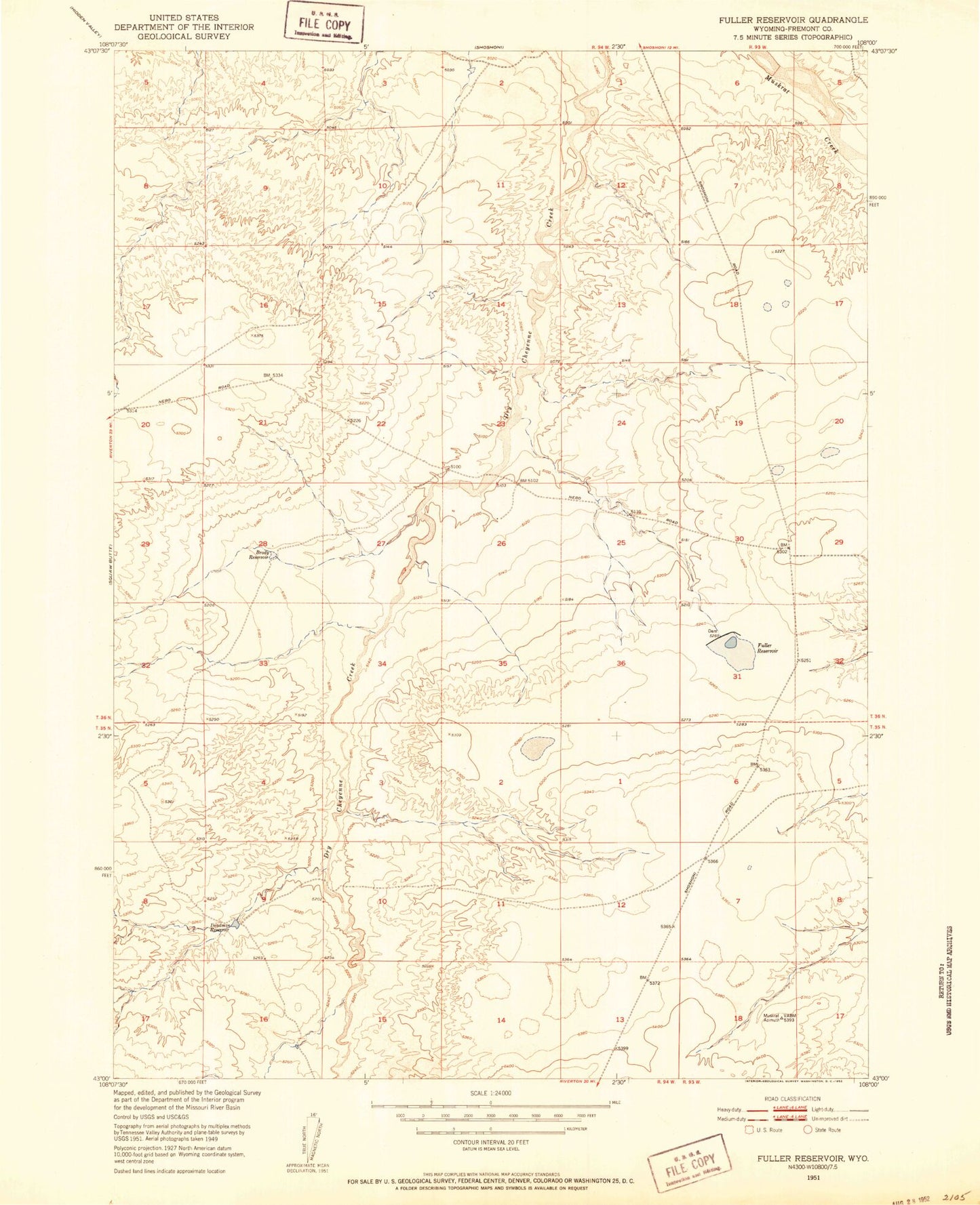 Classic USGS Fuller Reservoir Wyoming 7.5'x7.5' Topo Map Image