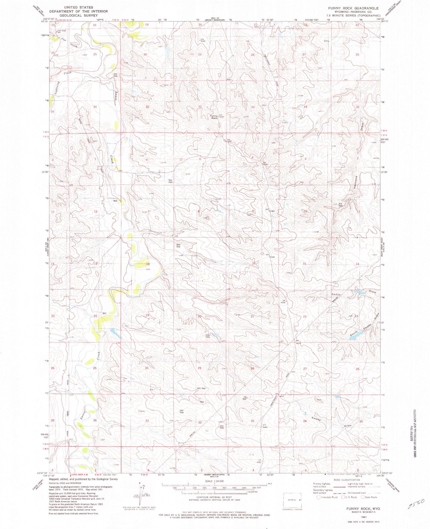 Classic USGS Funny Rock Wyoming 7.5'x7.5' Topo Map Image