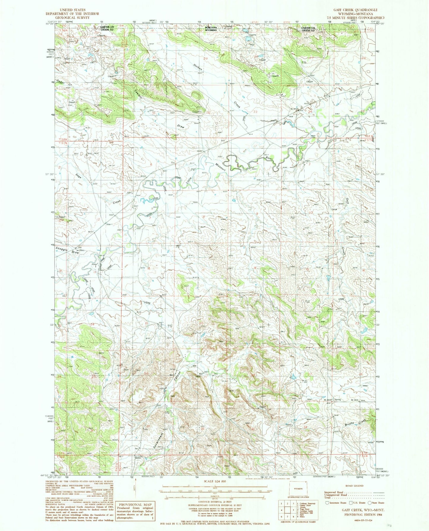 Classic USGS Gaff Creek Wyoming 7.5'x7.5' Topo Map Image