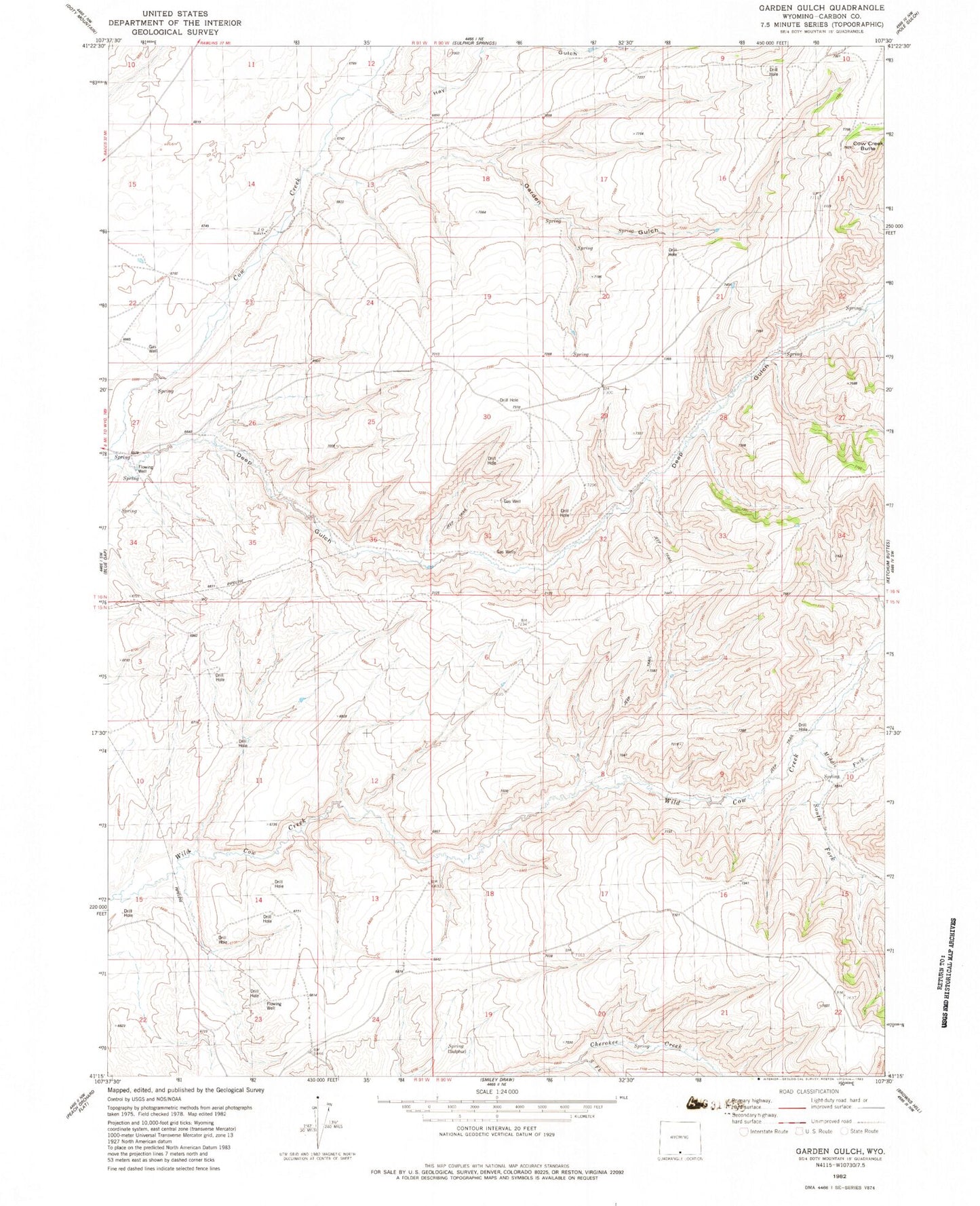 Classic USGS Garden Gulch Wyoming 7.5'x7.5' Topo Map Image