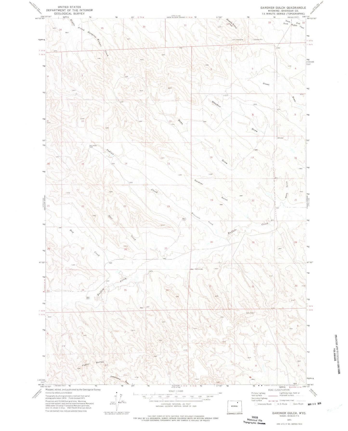 Classic USGS Gardner Gulch Wyoming 7.5'x7.5' Topo Map Image
