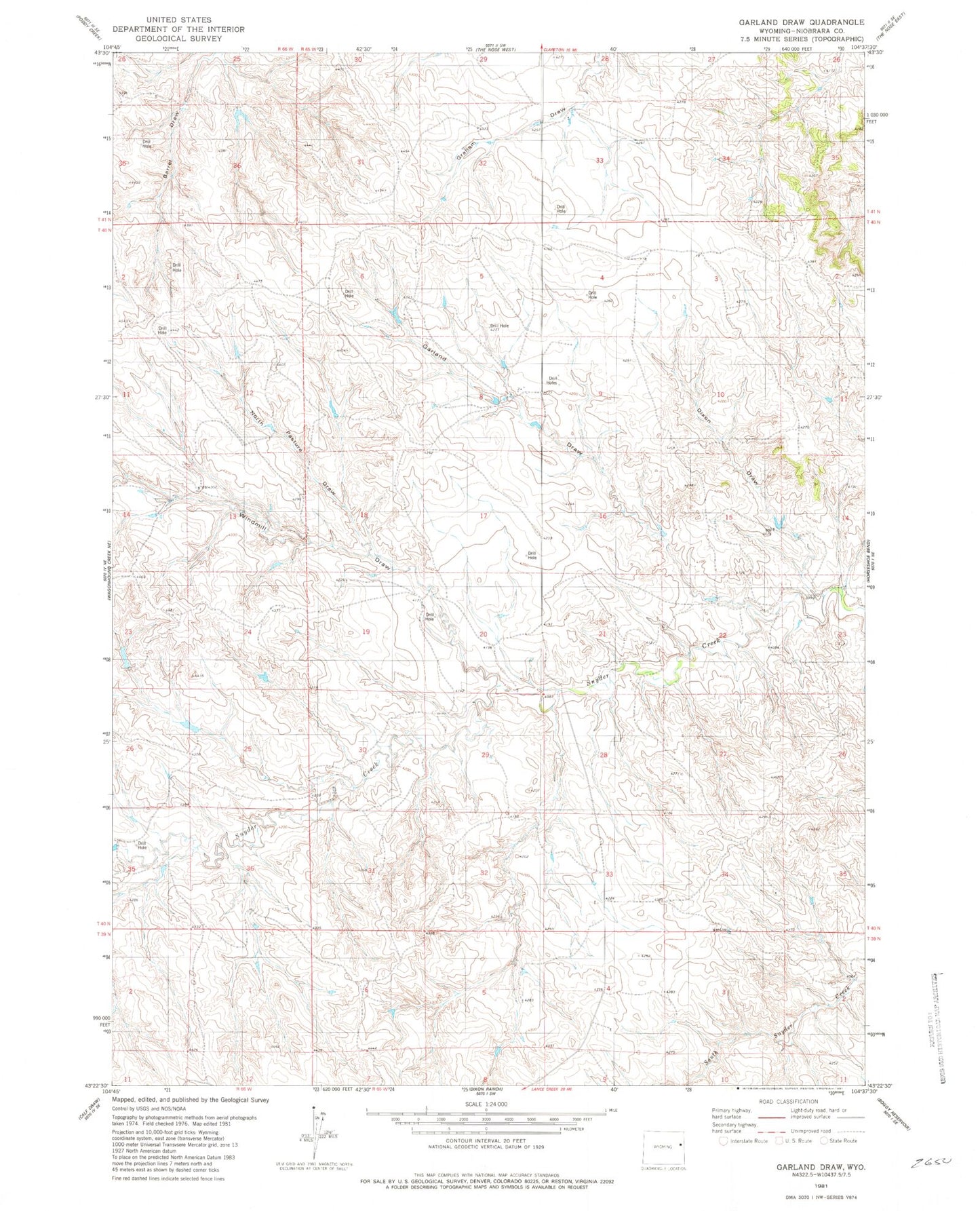 Classic USGS Garland Draw Wyoming 7.5'x7.5' Topo Map Image