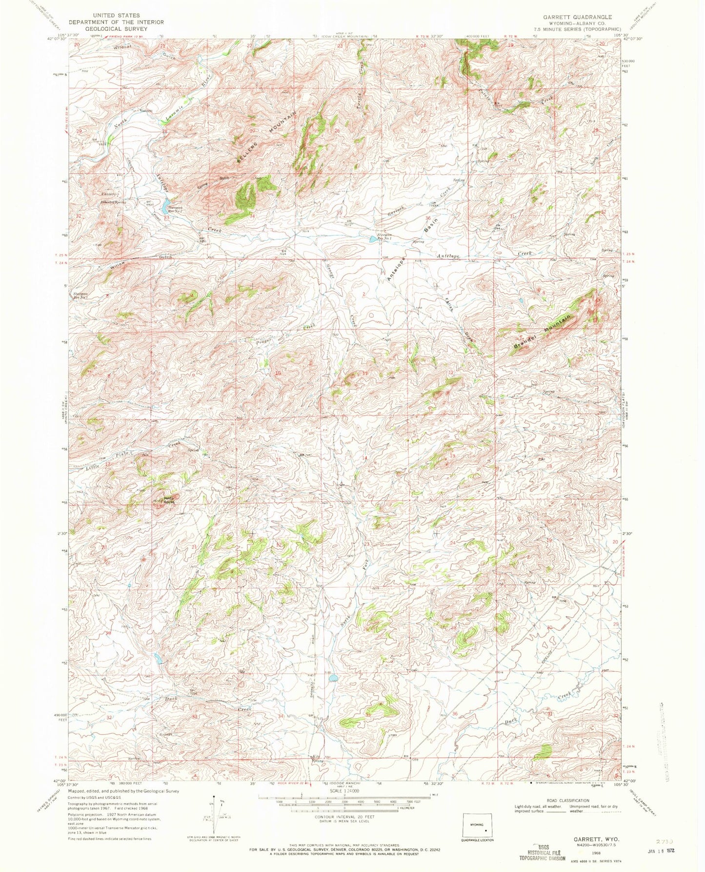 Classic USGS Garrett Wyoming 7.5'x7.5' Topo Map Image