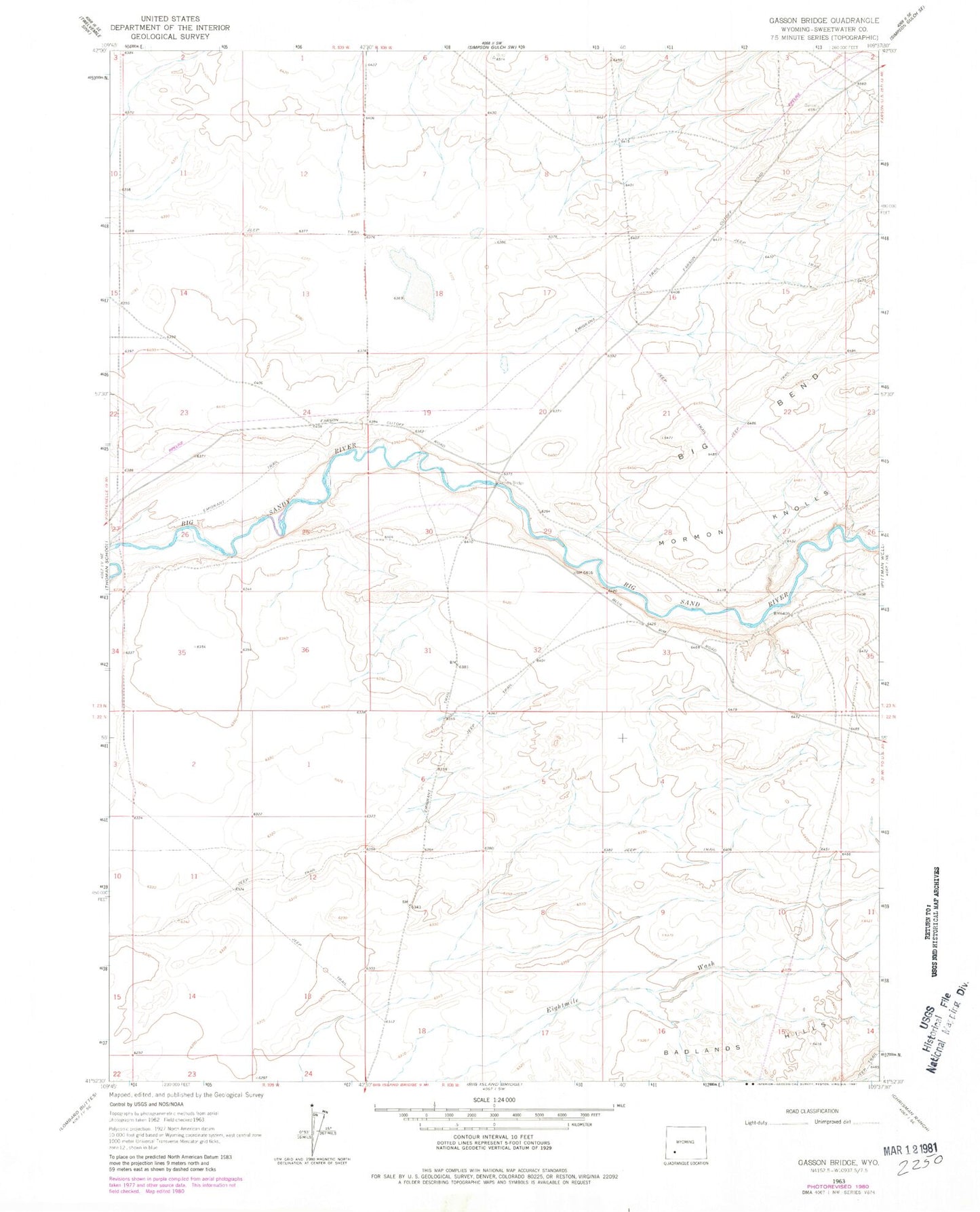Classic USGS Gasson Bridge Wyoming 7.5'x7.5' Topo Map Image