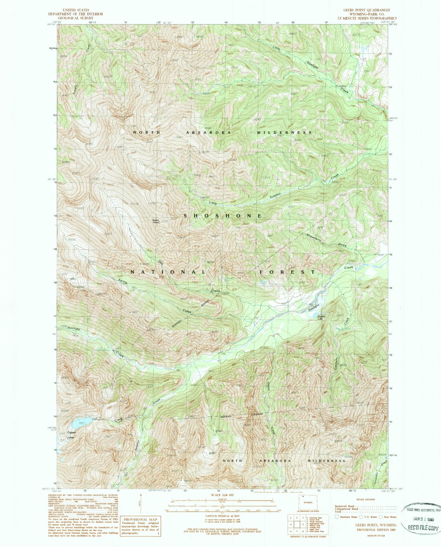 Classic USGS Geers Point Wyoming 7.5'x7.5' Topo Map Image