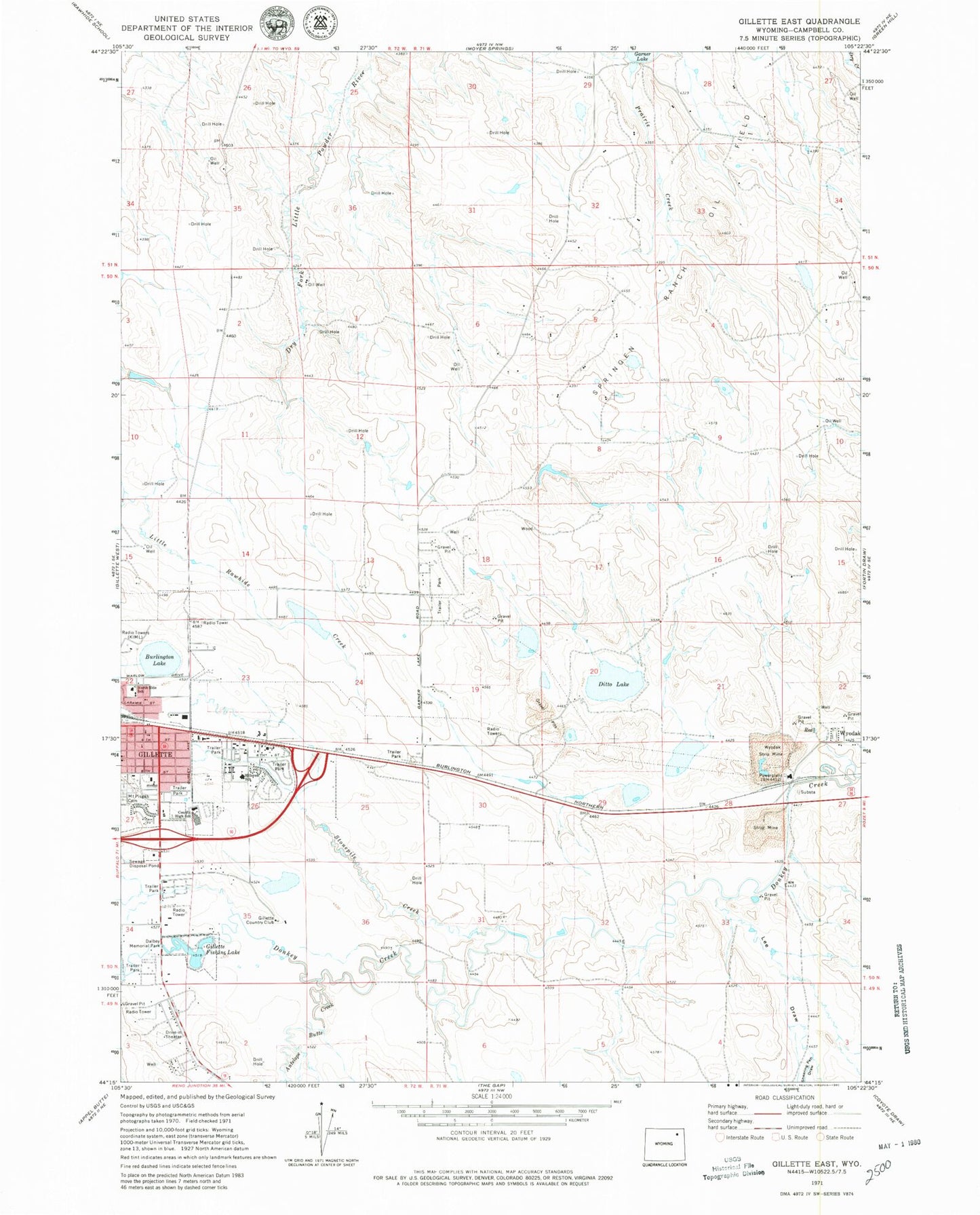 Classic USGS Gillette East Wyoming 7.5'x7.5' Topo Map Image