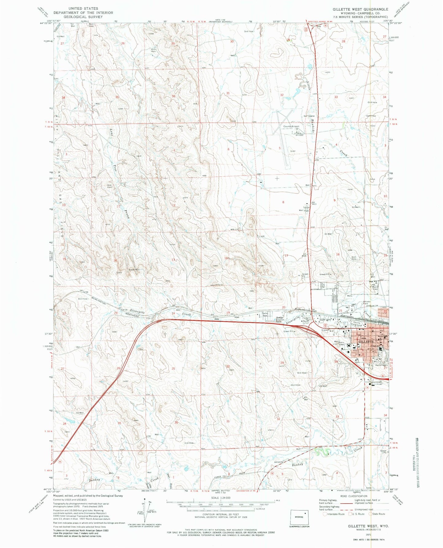Classic USGS Gillette West Wyoming 7.5'x7.5' Topo Map Image