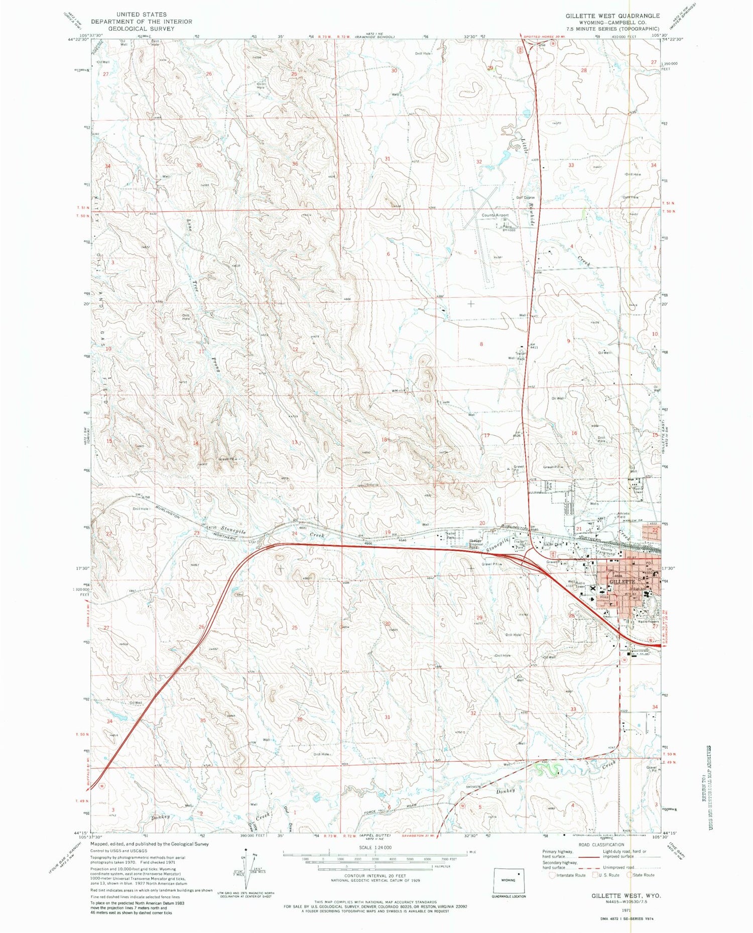Classic USGS Gillette West Wyoming 7.5'x7.5' Topo Map Image
