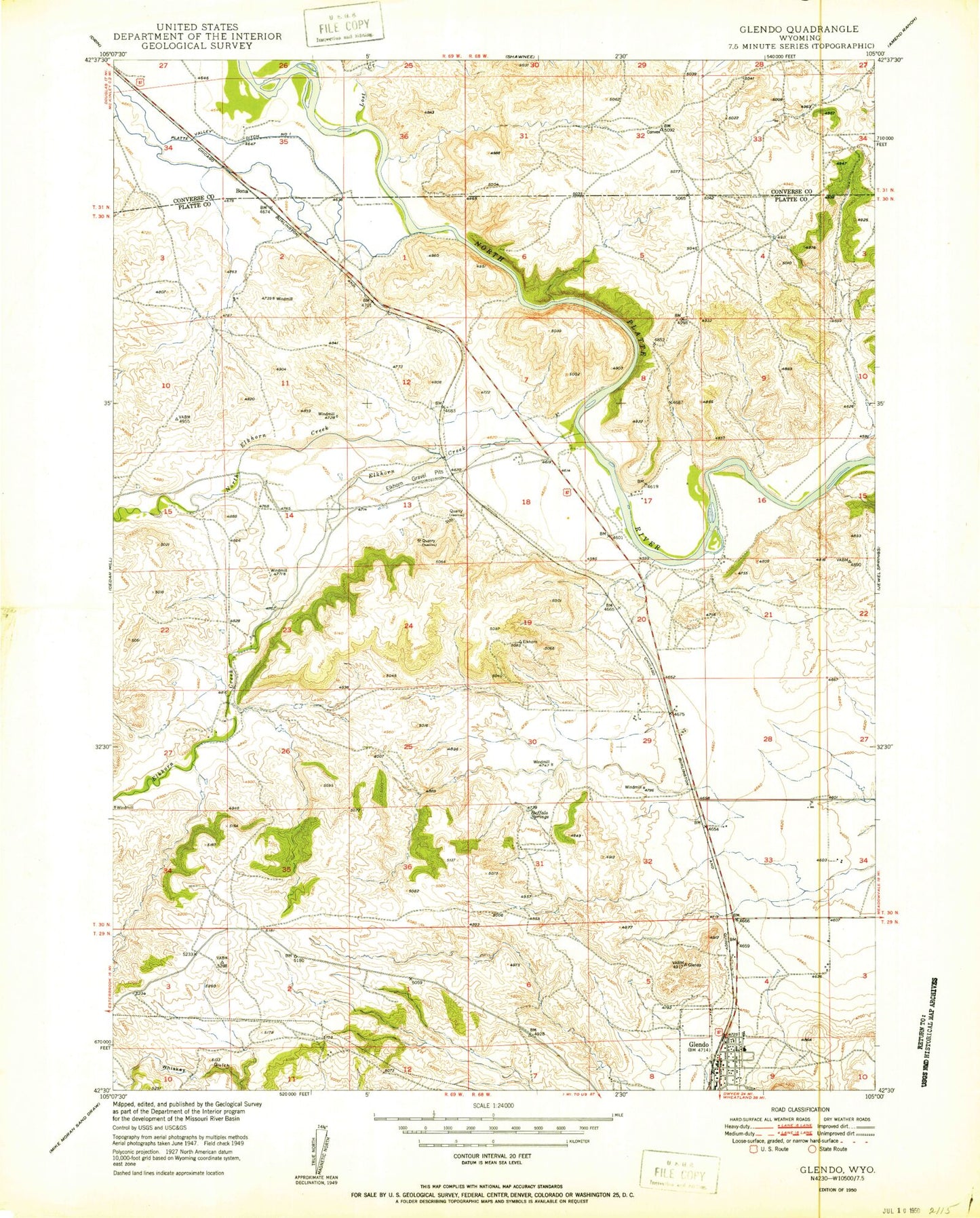 Classic USGS Glendo Wyoming 7.5'x7.5' Topo Map Image