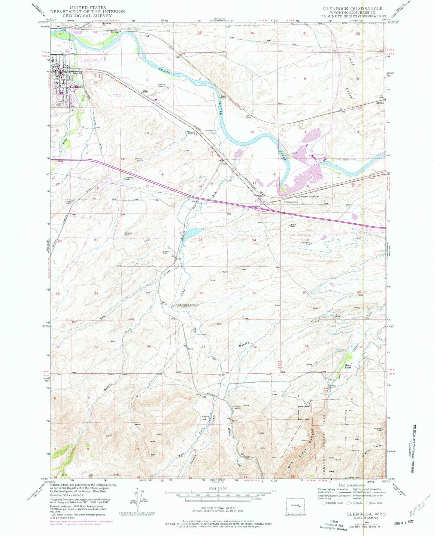 Classic USGS Glenrock Wyoming 7.5'x7.5' Topo Map Image