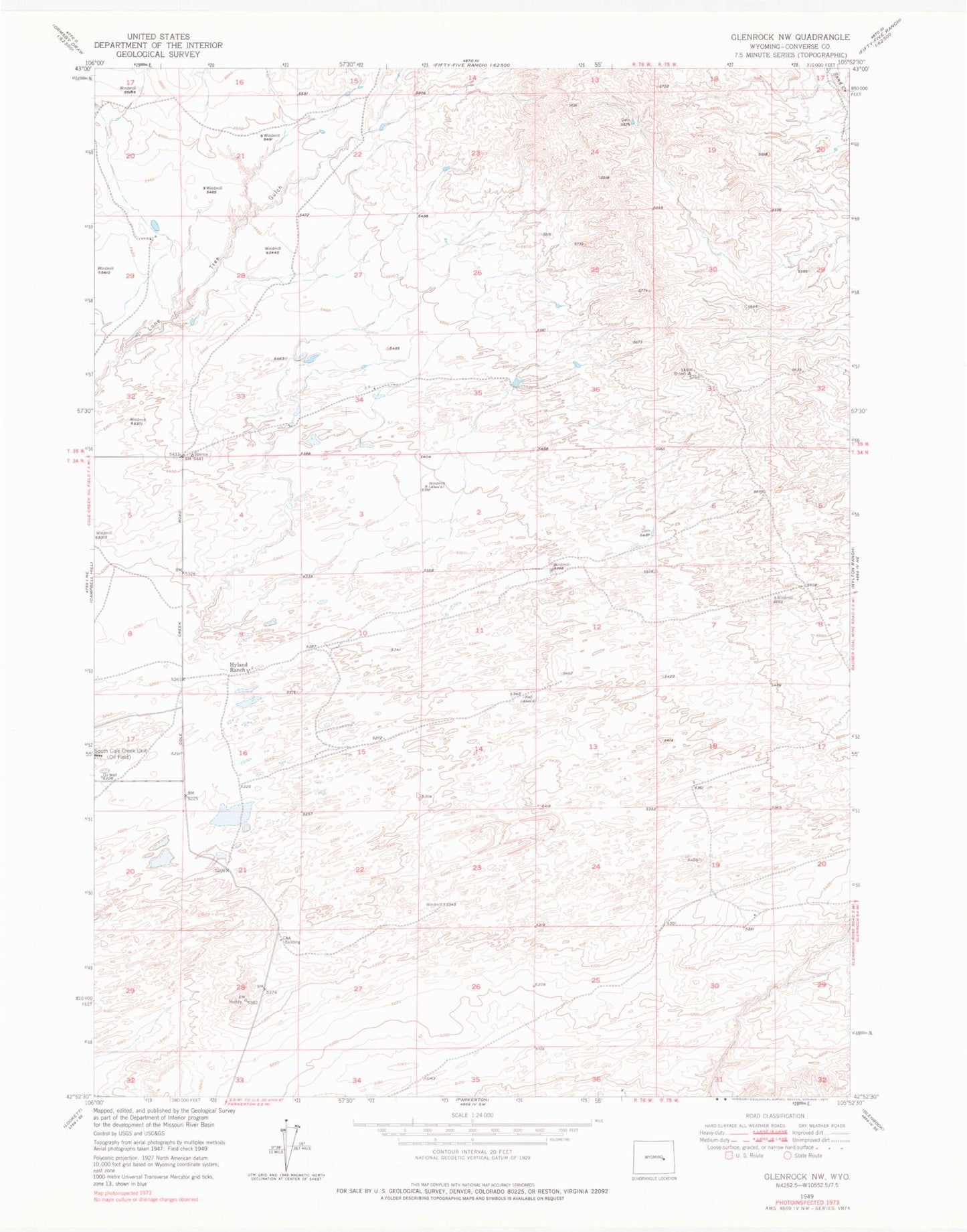 Classic USGS Glenrock NW Wyoming 7.5'x7.5' Topo Map Image