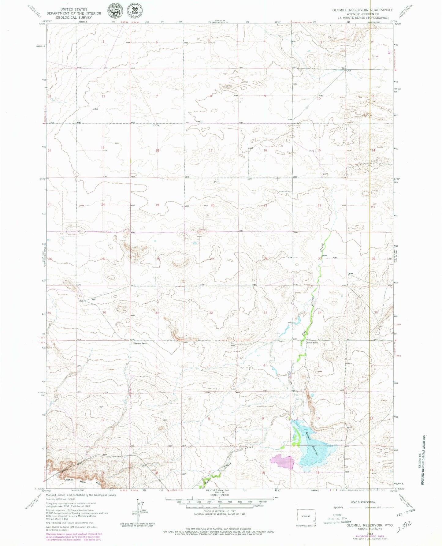 Classic USGS Glomill Reservoir Wyoming 7.5'x7.5' Topo Map Image