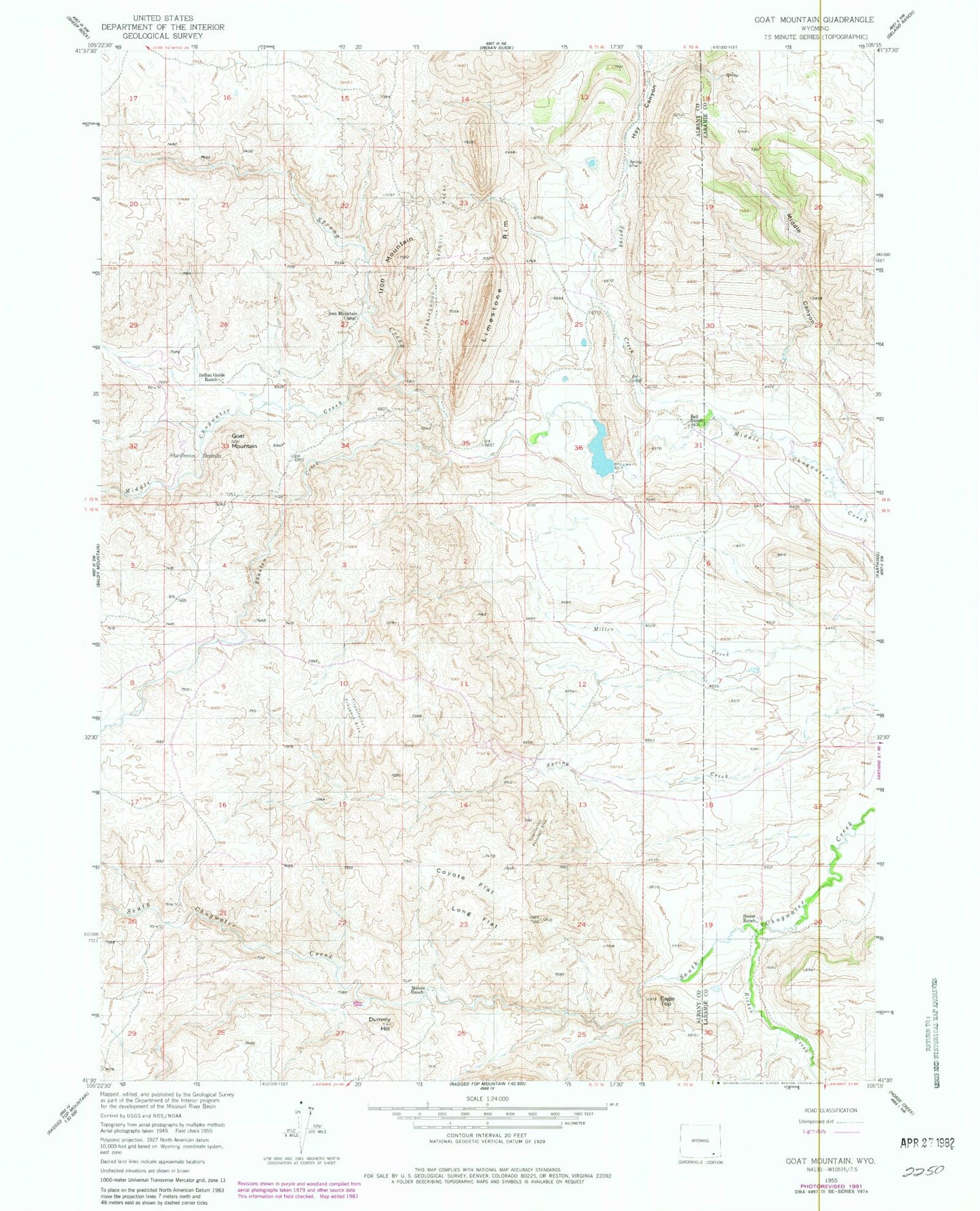 Classic USGS Goat Mountain Wyoming 7.5'x7.5' Topo Map Image