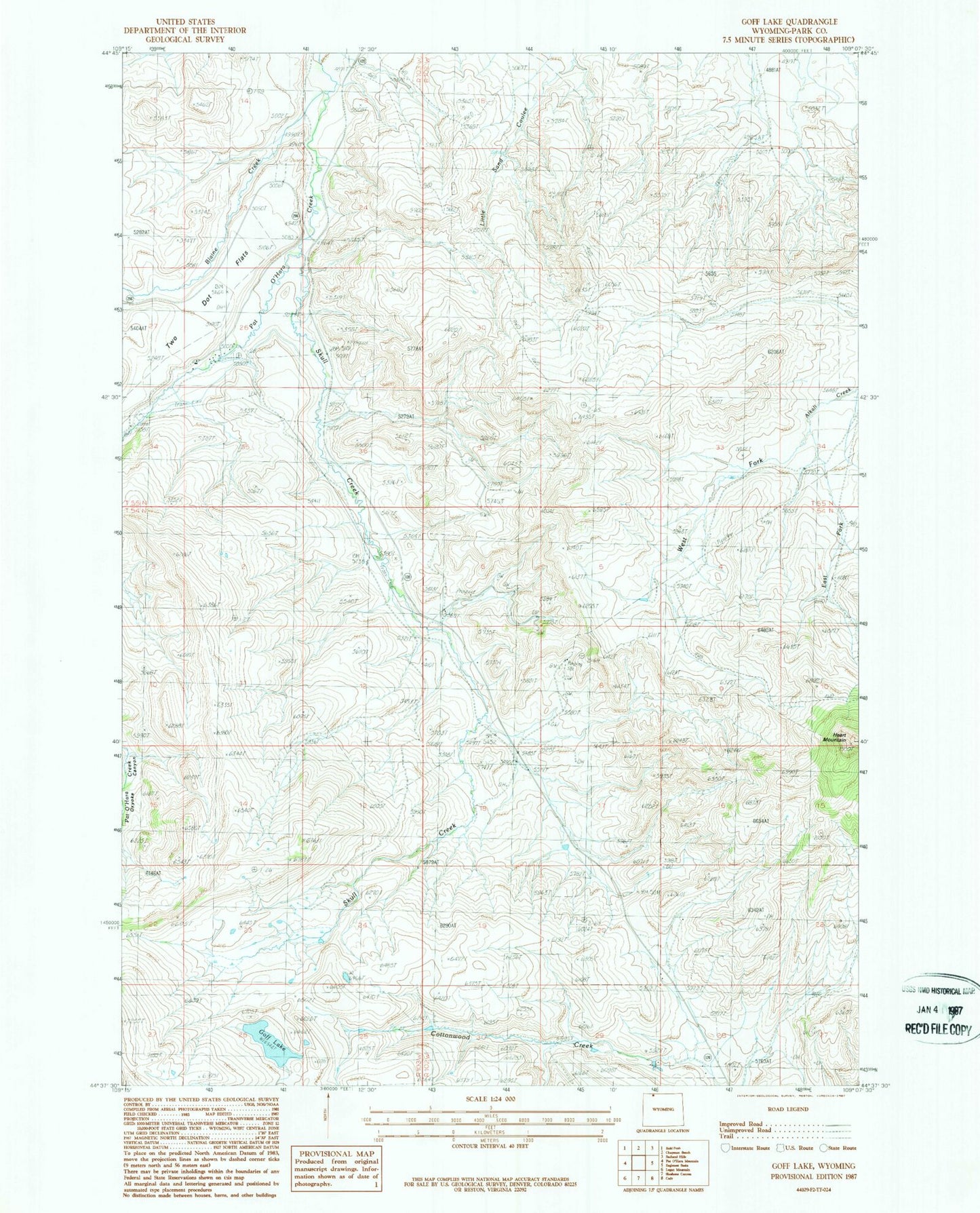 Classic USGS Goff Lake Wyoming 7.5'x7.5' Topo Map Image