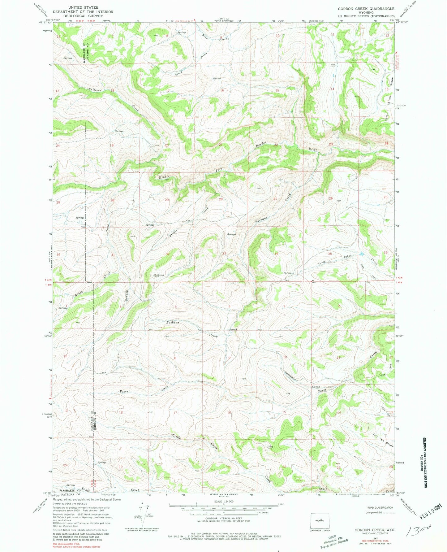 Classic USGS Gordon Creek Wyoming 7.5'x7.5' Topo Map Image
