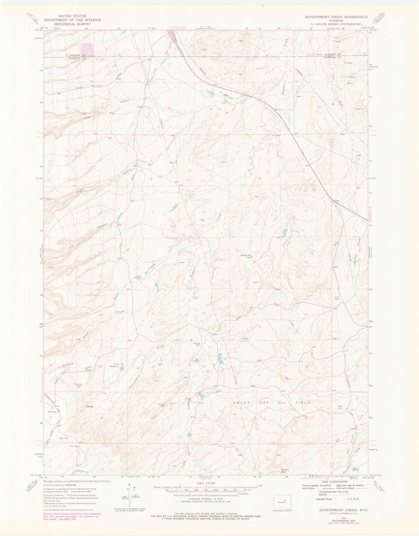 Classic USGS Government Creek Wyoming 7.5'x7.5' Topo Map Image