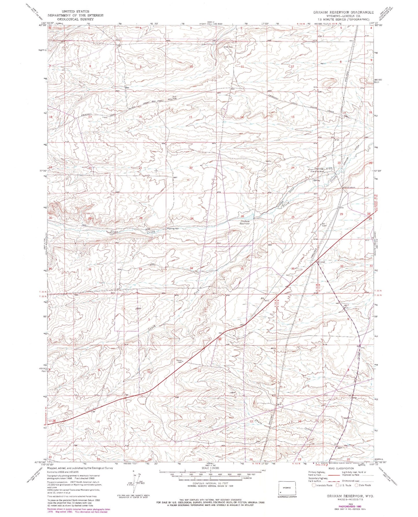 Classic USGS Graham Reservoir Wyoming 7.5'x7.5' Topo Map Image