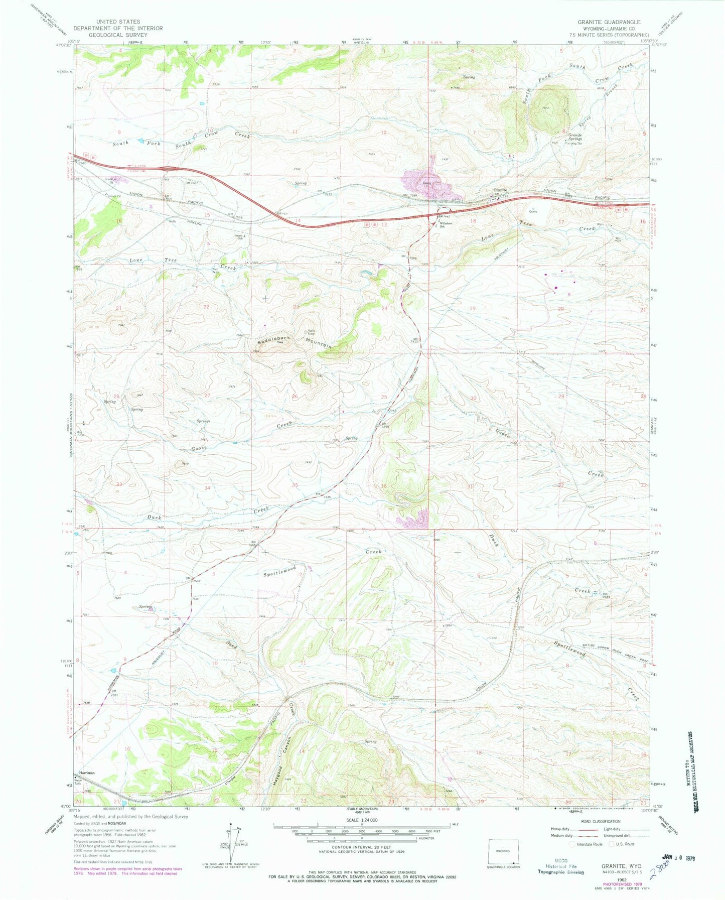Classic USGS Granite Wyoming 7.5'x7.5' Topo Map Image