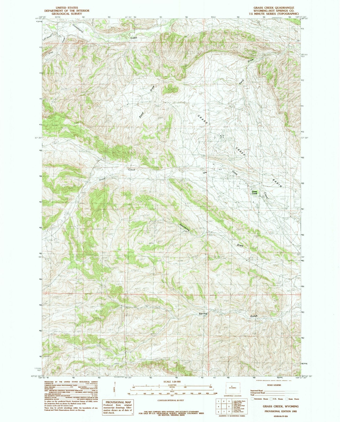 Classic USGS Grass Creek Wyoming 7.5'x7.5' Topo Map Image