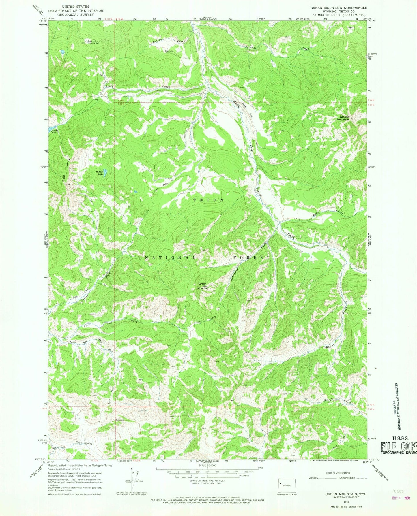 Classic USGS Green Mountain Wyoming 7.5'x7.5' Topo Map Image