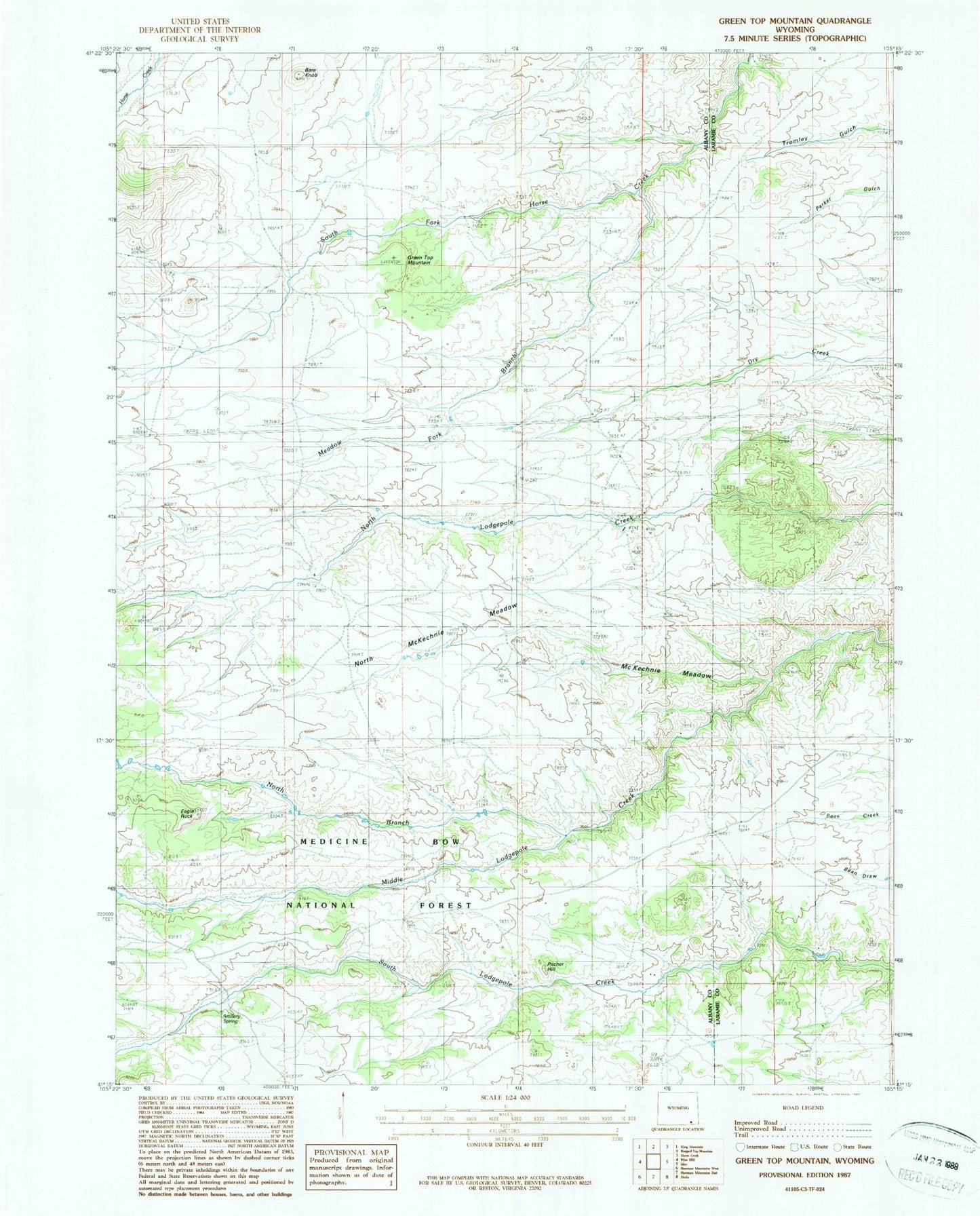 Classic USGS Green Top Mountain Wyoming 7.5'x7.5' Topo Map Image