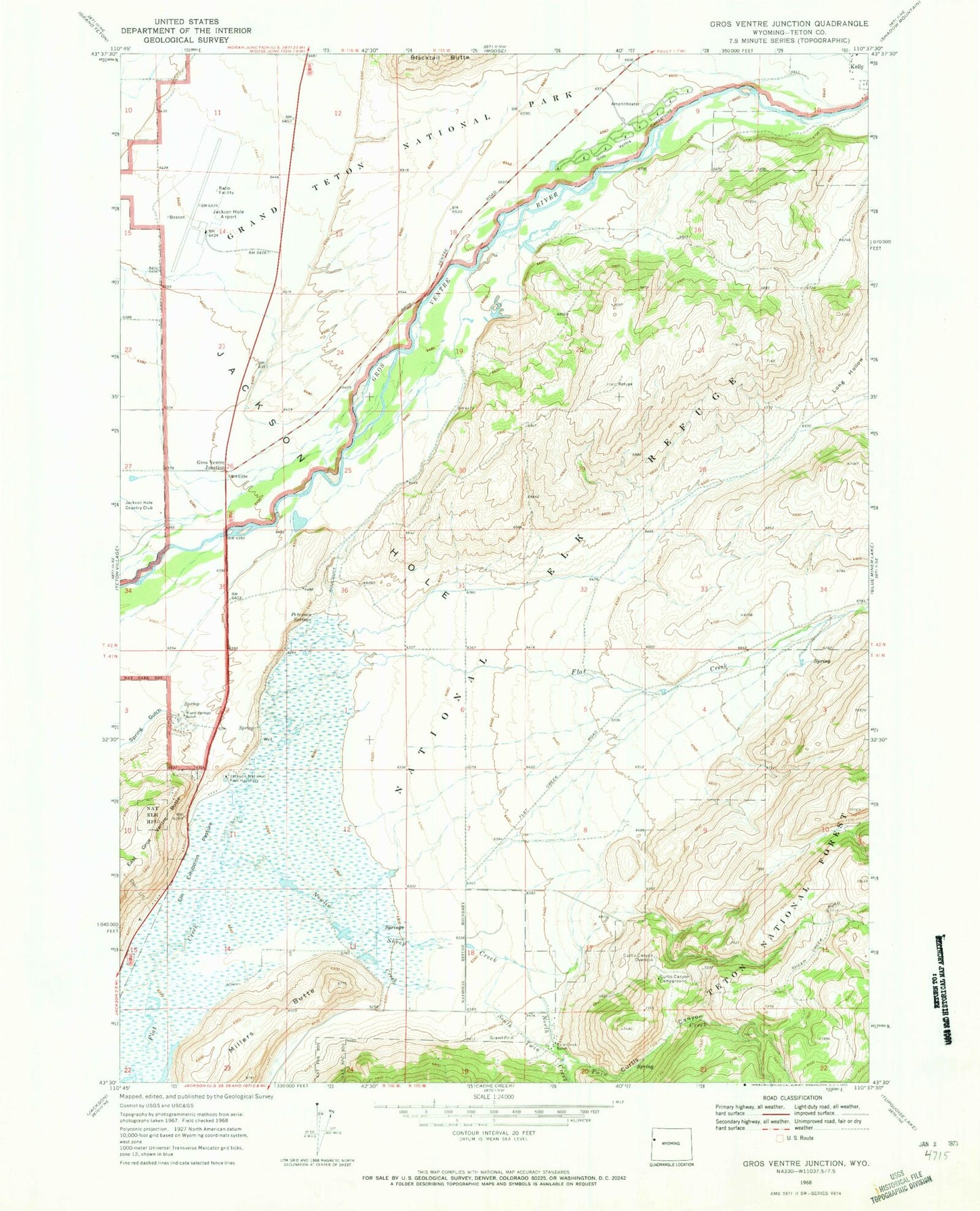 Classic USGS Gros Ventre Junction Wyoming 7.5'x7.5' Topo Map Image