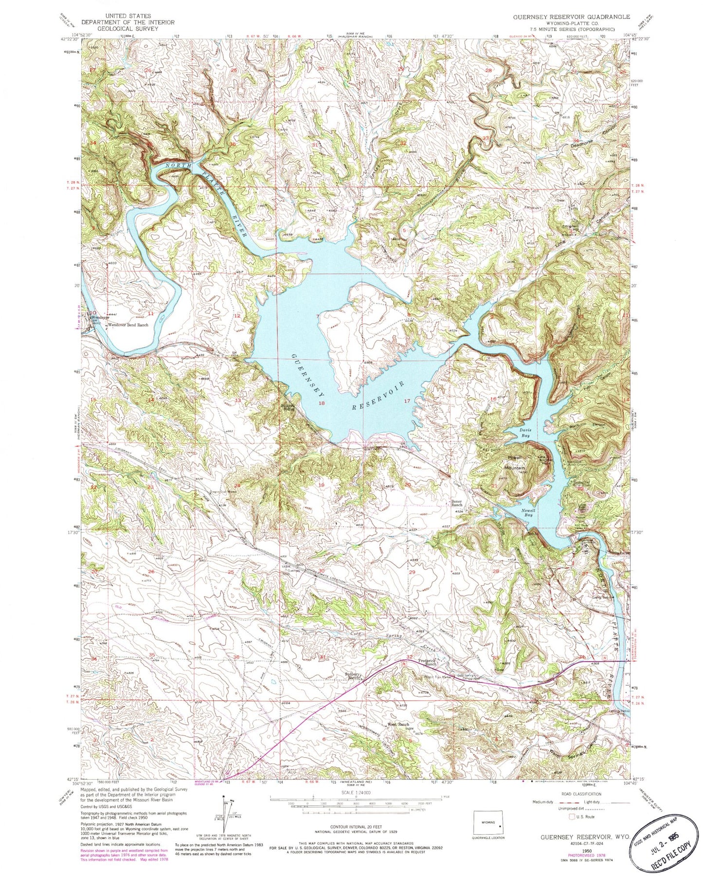 Classic USGS Guernsey Reservoir Wyoming 7.5'x7.5' Topo Map Image