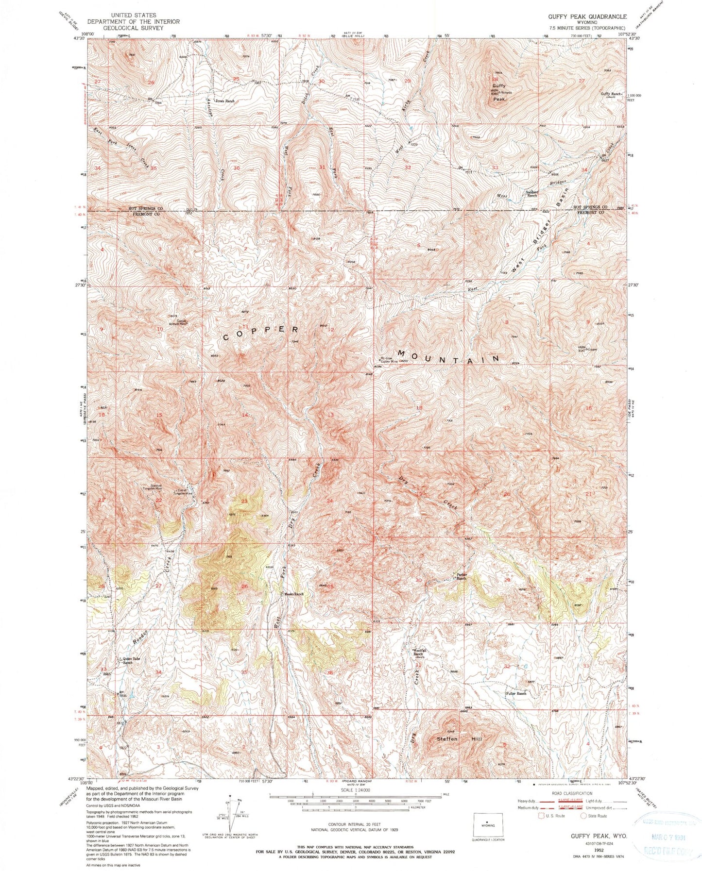 Classic USGS Guffy Peak Wyoming 7.5'x7.5' Topo Map Image