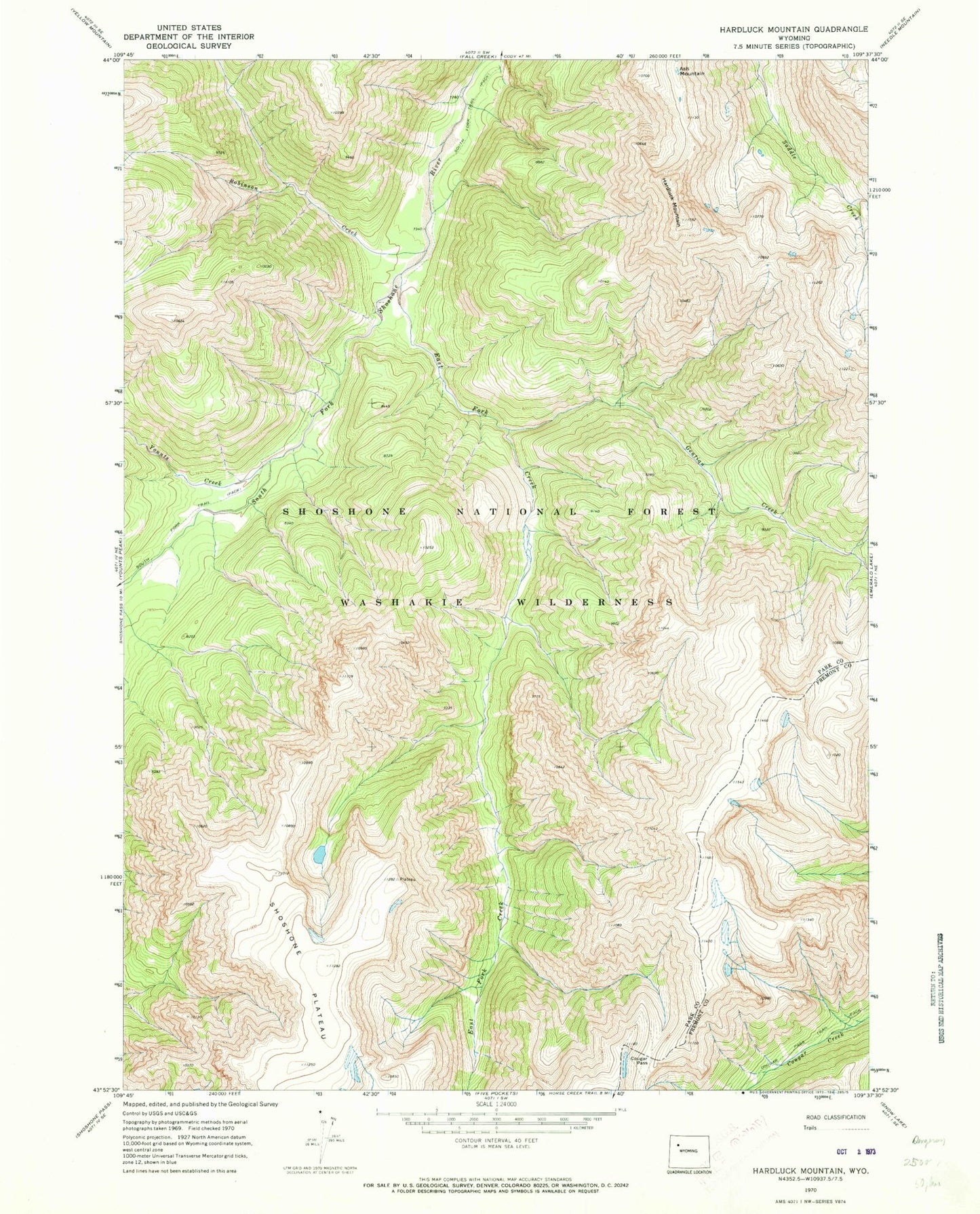 Classic USGS Hardluck Mountain Wyoming 7.5'x7.5' Topo Map Image