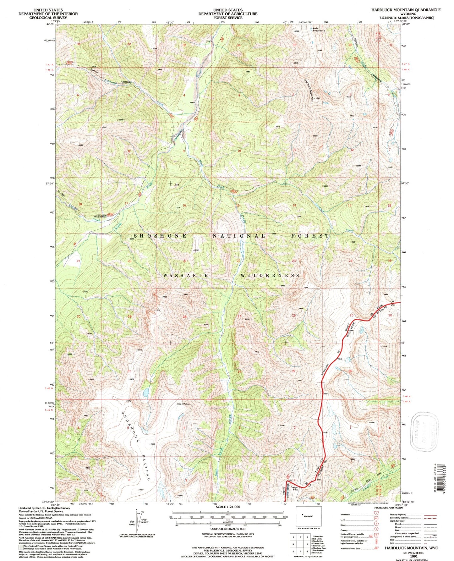 Classic USGS Hardluck Mountain Wyoming 7.5'x7.5' Topo Map Image