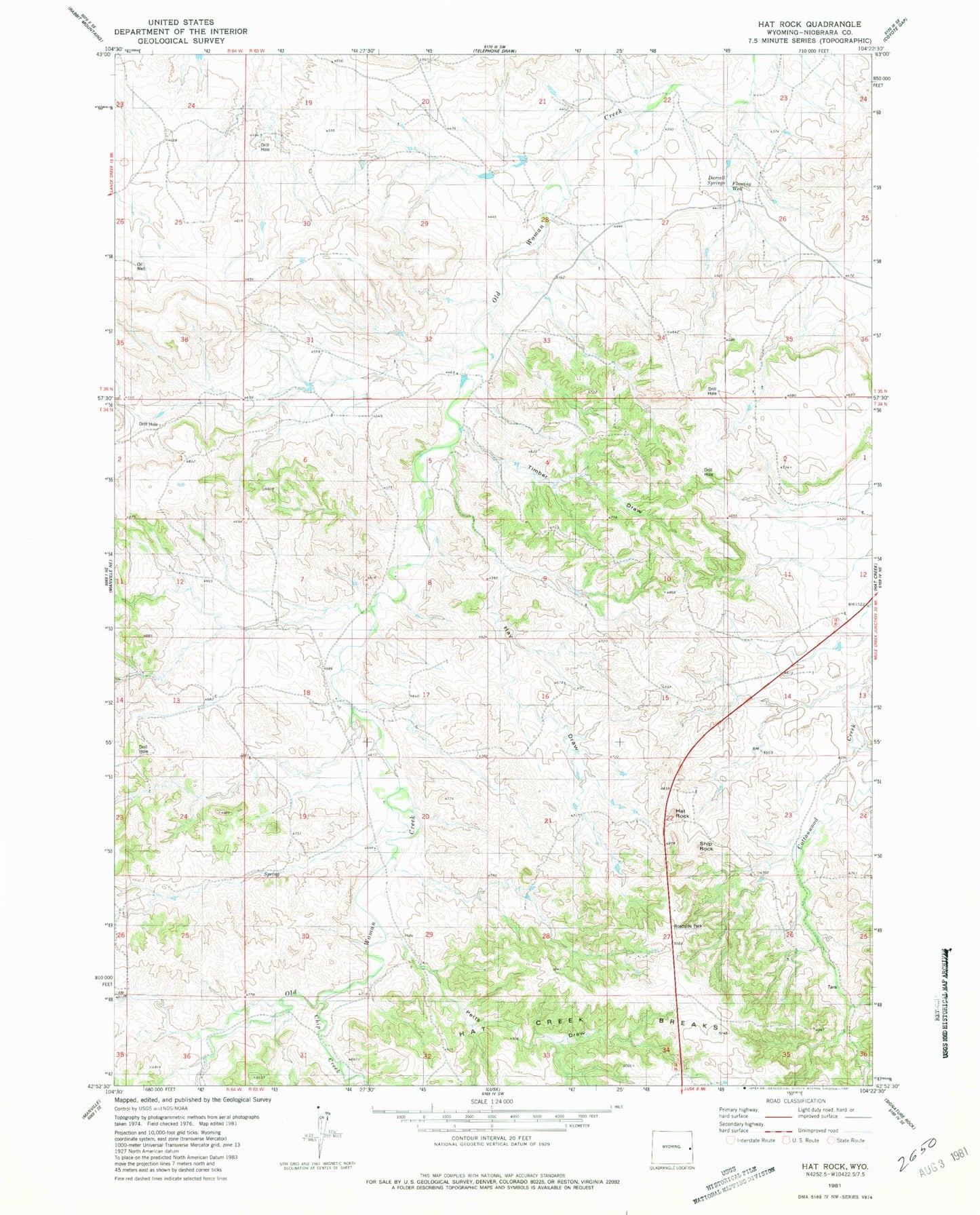 Classic USGS Hat Rock Wyoming 7.5'x7.5' Topo Map Image