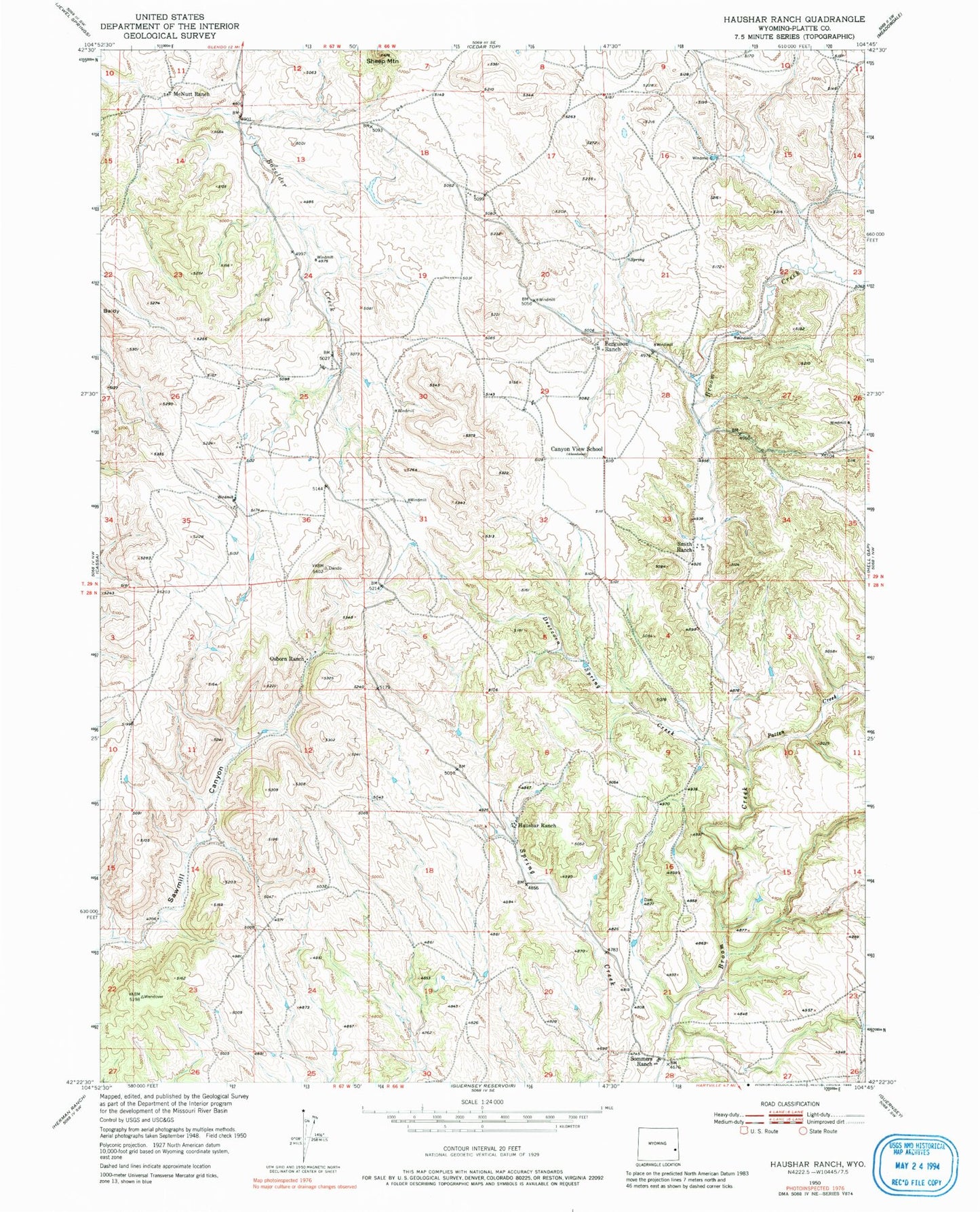 Classic USGS Haushar Ranch Wyoming 7.5'x7.5' Topo Map Image