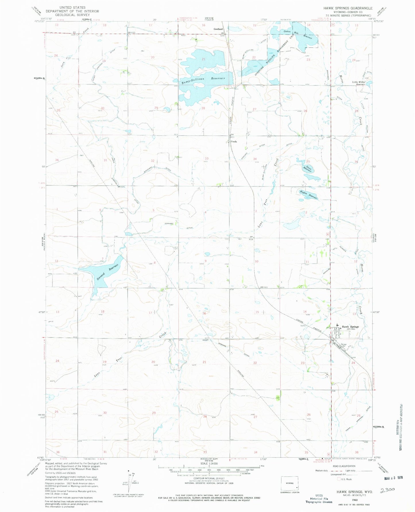 Classic USGS Hawk Springs Wyoming 7.5'x7.5' Topo Map Image