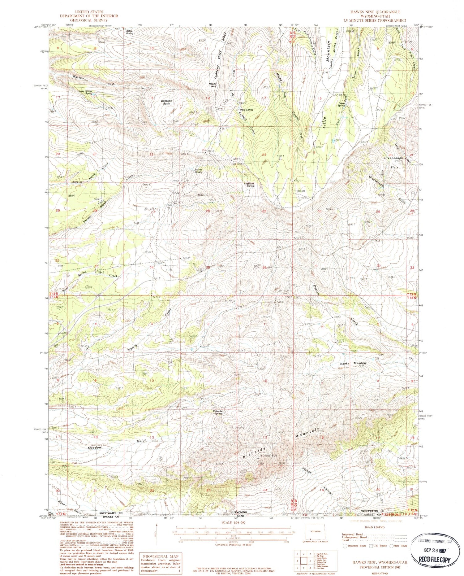 Classic USGS Hawks Nest Wyoming 7.5'x7.5' Topo Map Image