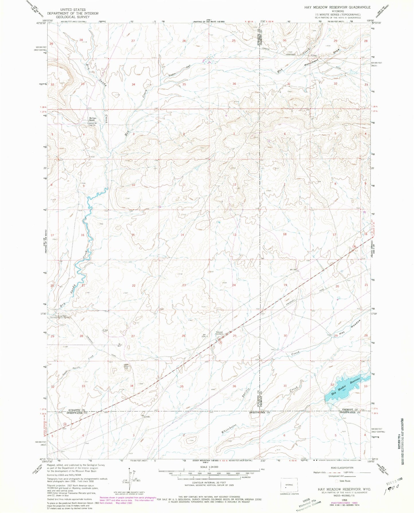 Classic USGS Hay Meadow Reservoir Wyoming 7.5'x7.5' Topo Map Image