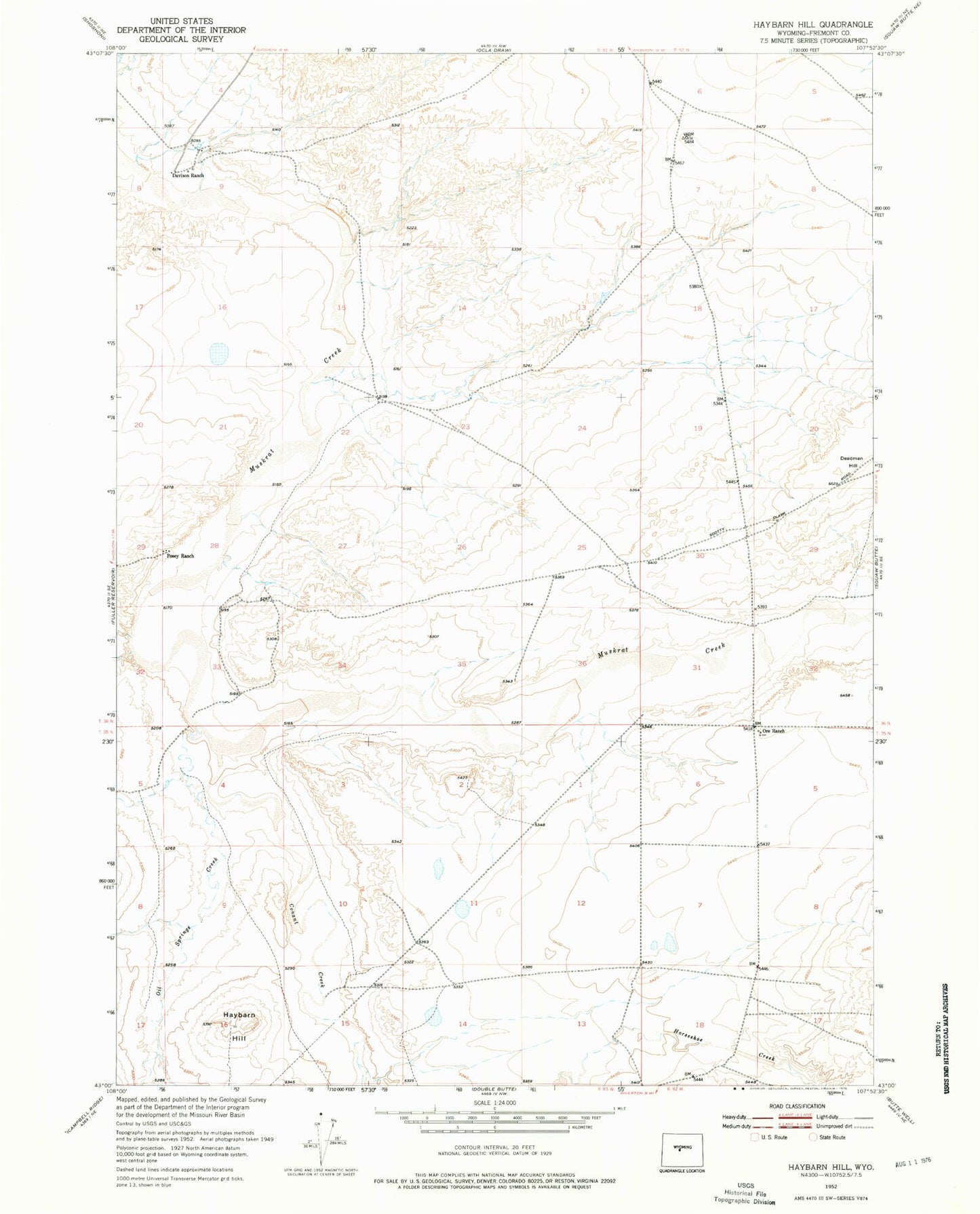 Classic USGS Haybarn Hill Wyoming 7.5'x7.5' Topo Map Image