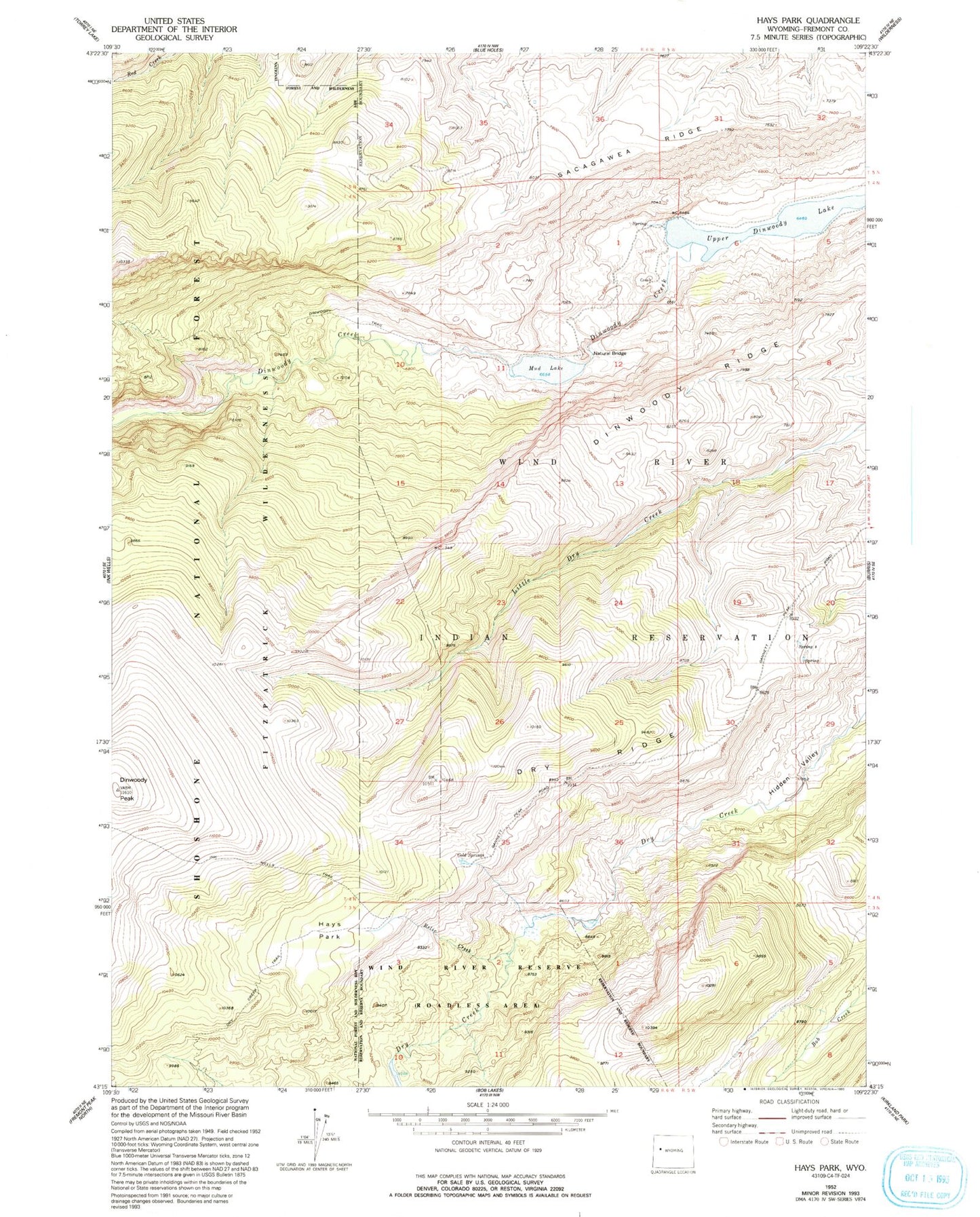 Classic USGS Hays Park Wyoming 7.5'x7.5' Topo Map Image