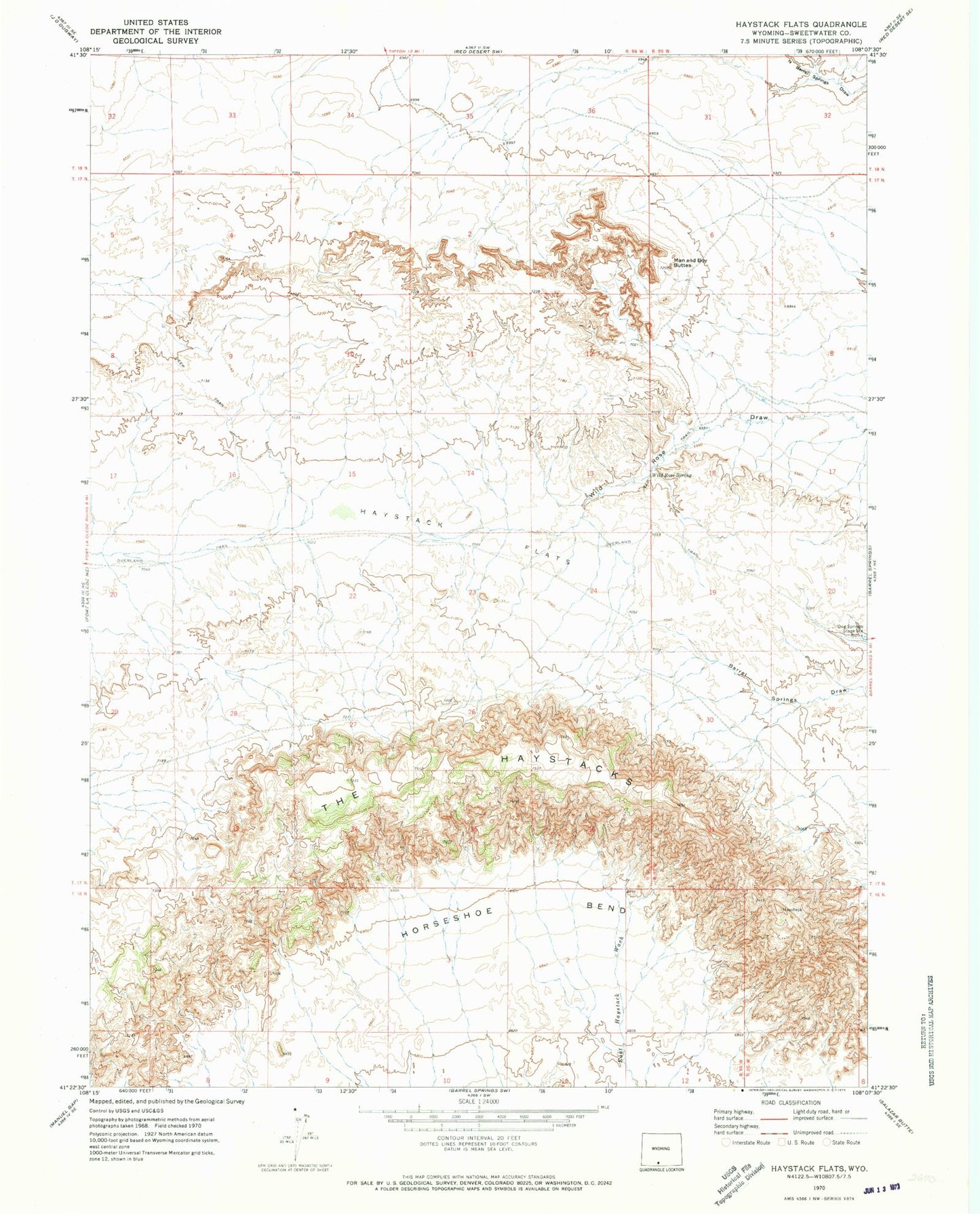 Classic USGS Haystack Flats Wyoming 7.5'x7.5' Topo Map Image
