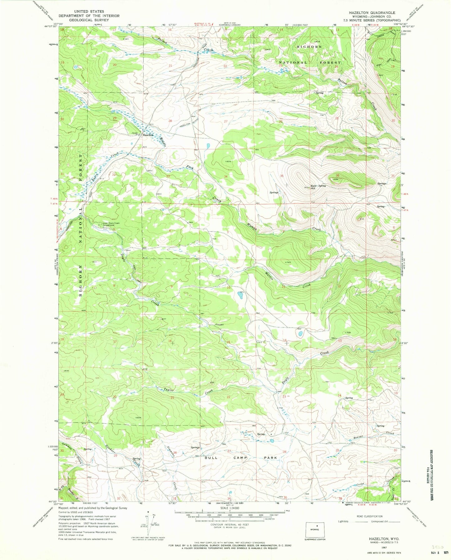Classic USGS Hazelton Wyoming 7.5'x7.5' Topo Map Image