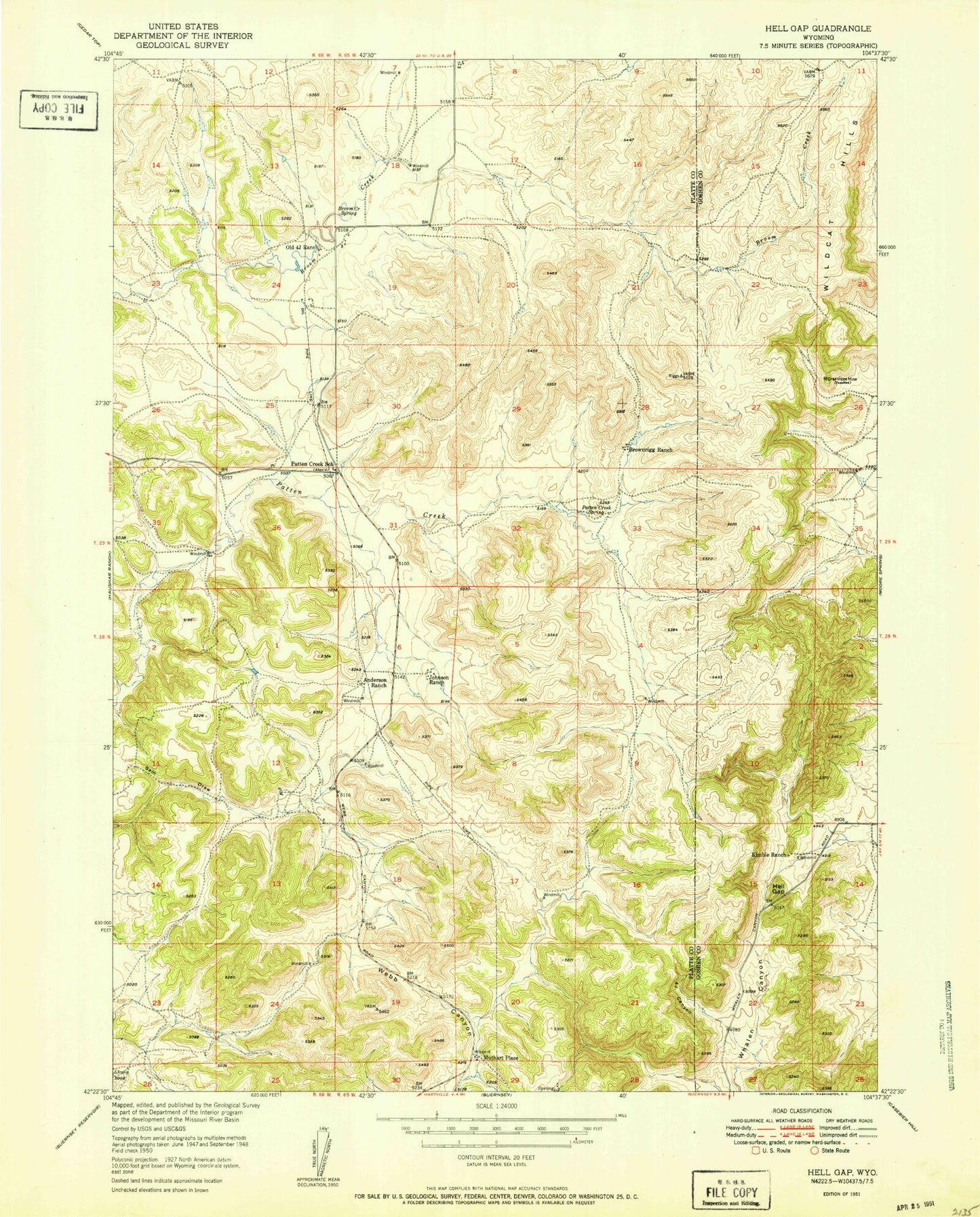 Classic USGS Hell Gap Wyoming 7.5'x7.5' Topo Map Image