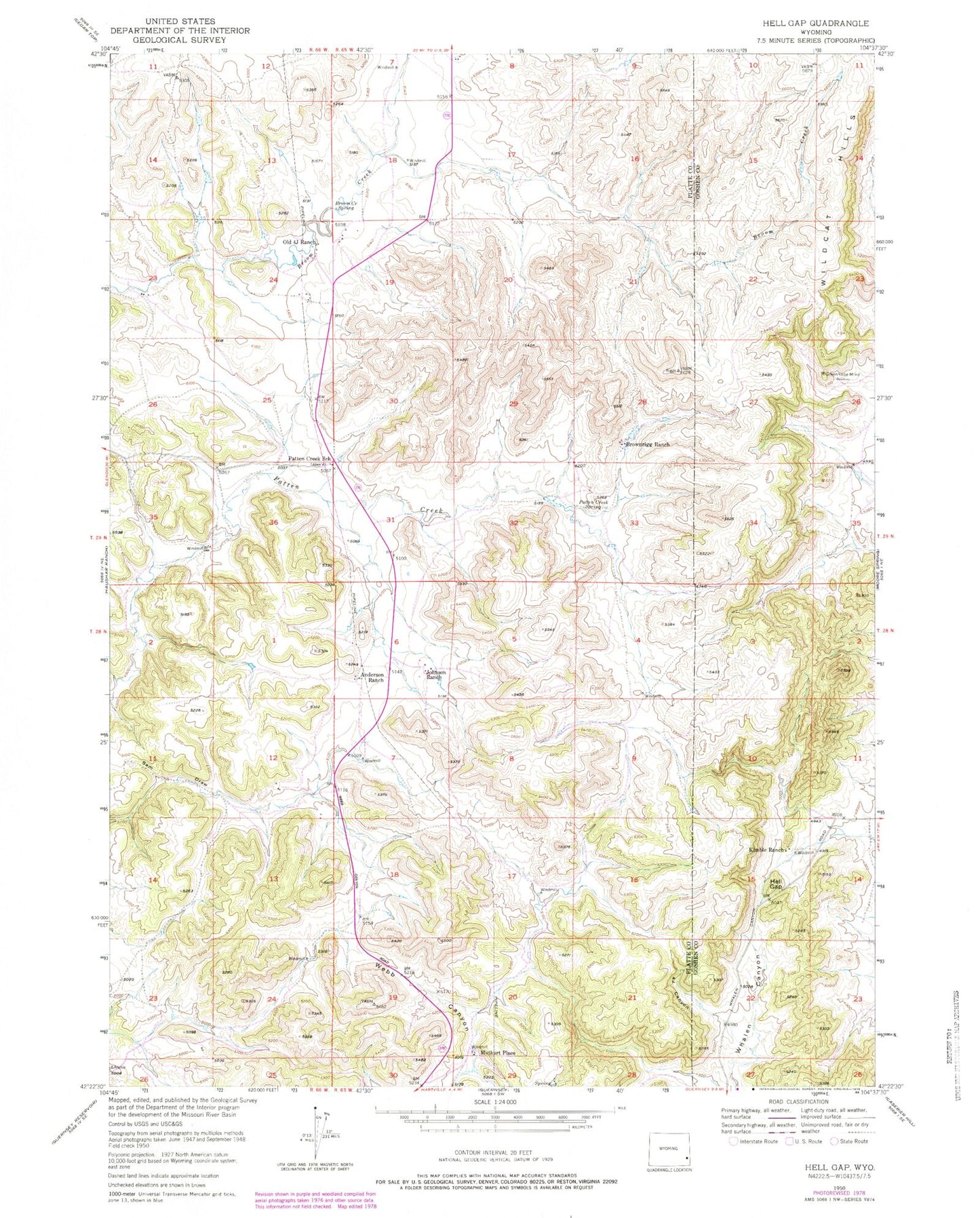 Classic USGS Hell Gap Wyoming 7.5'x7.5' Topo Map Image
