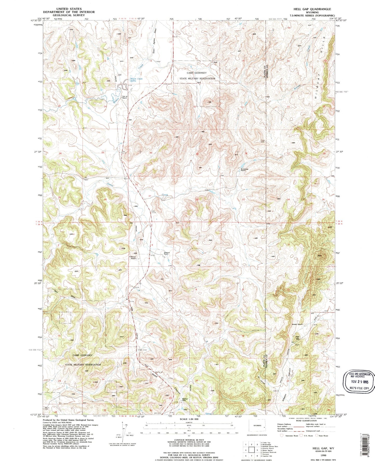 Classic USGS Hell Gap Wyoming 7.5'x7.5' Topo Map Image
