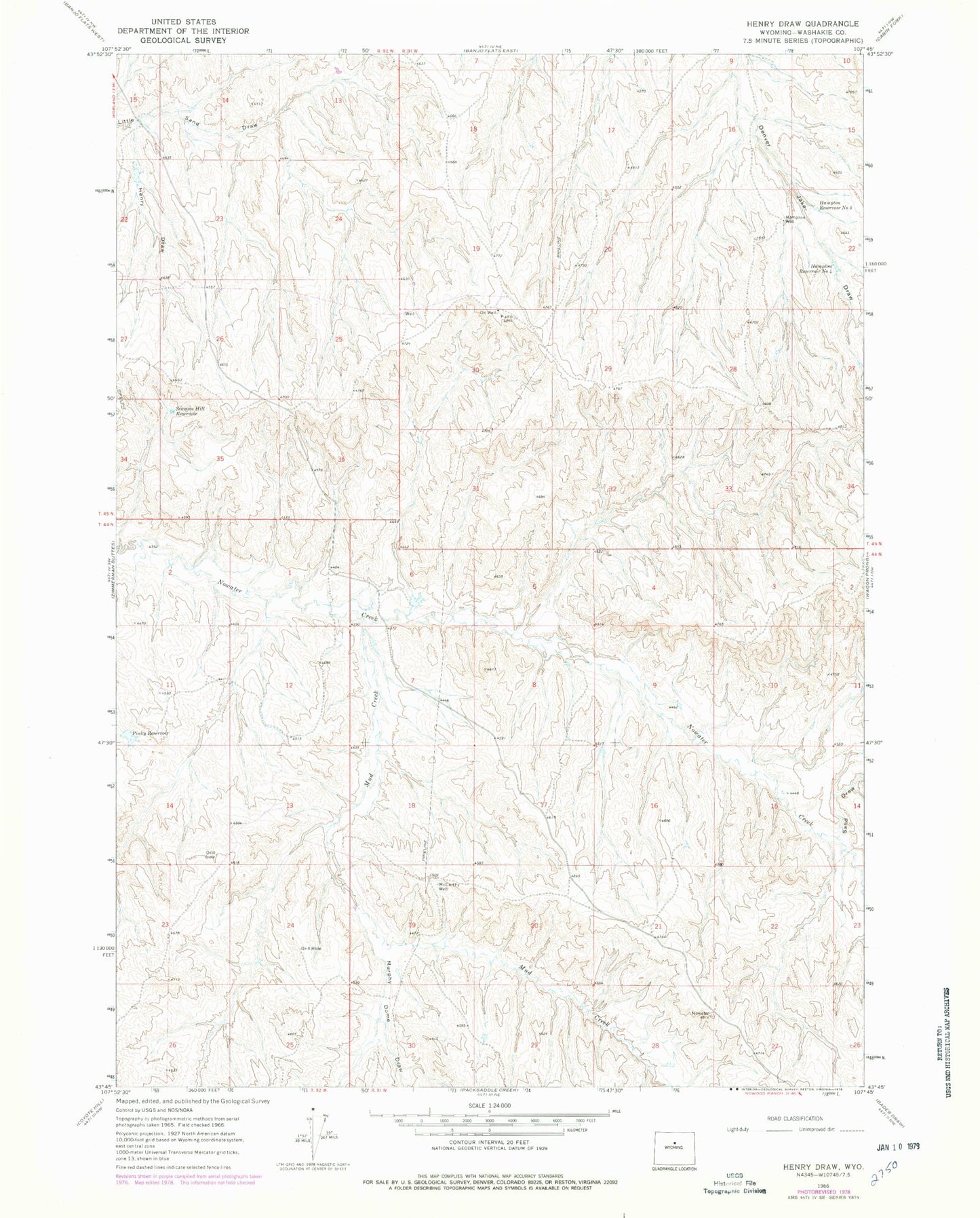 Classic USGS Henry Draw Wyoming 7.5'x7.5' Topo Map Image