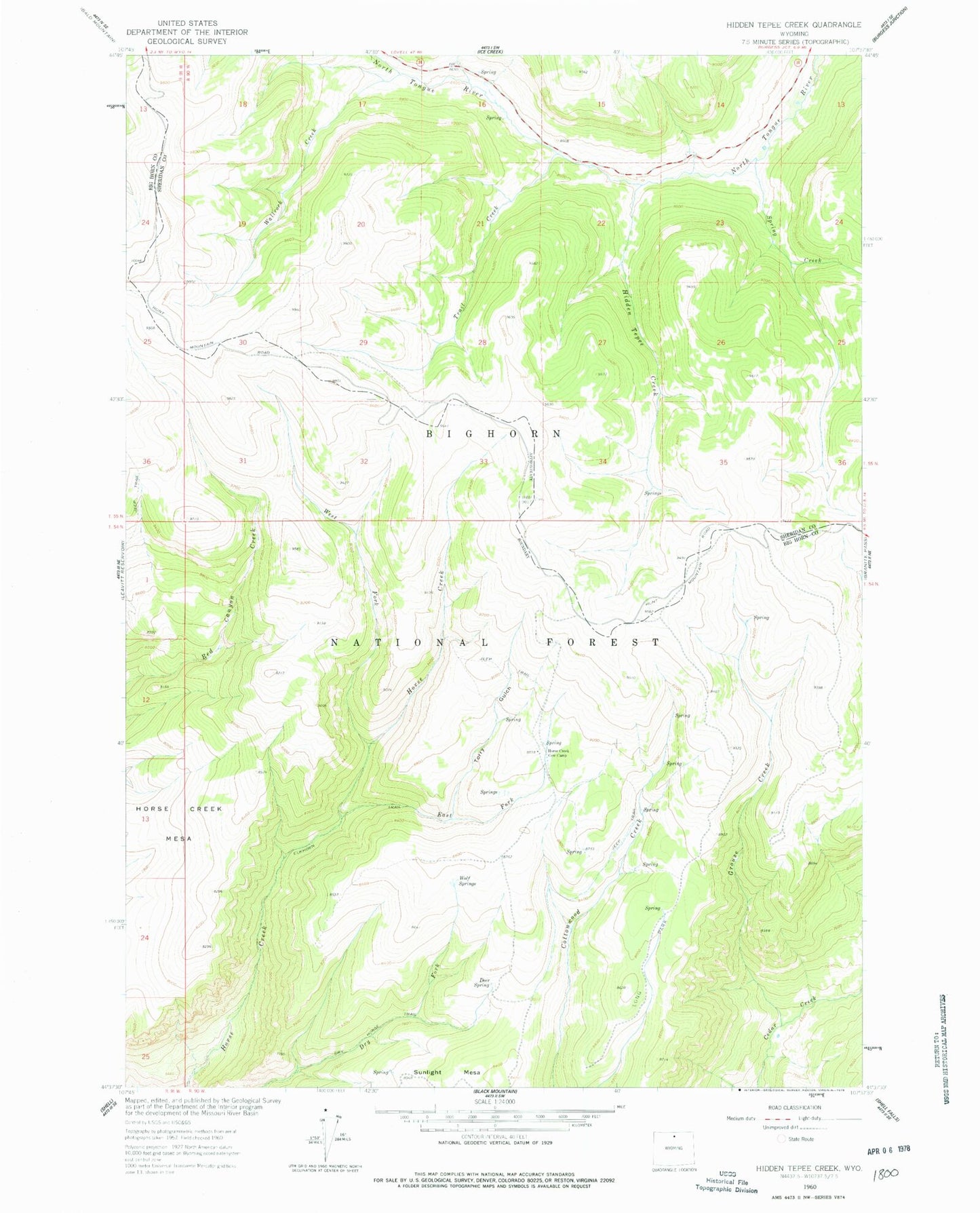 Classic USGS Hidden Tepee Creek Wyoming 7.5'x7.5' Topo Map Image