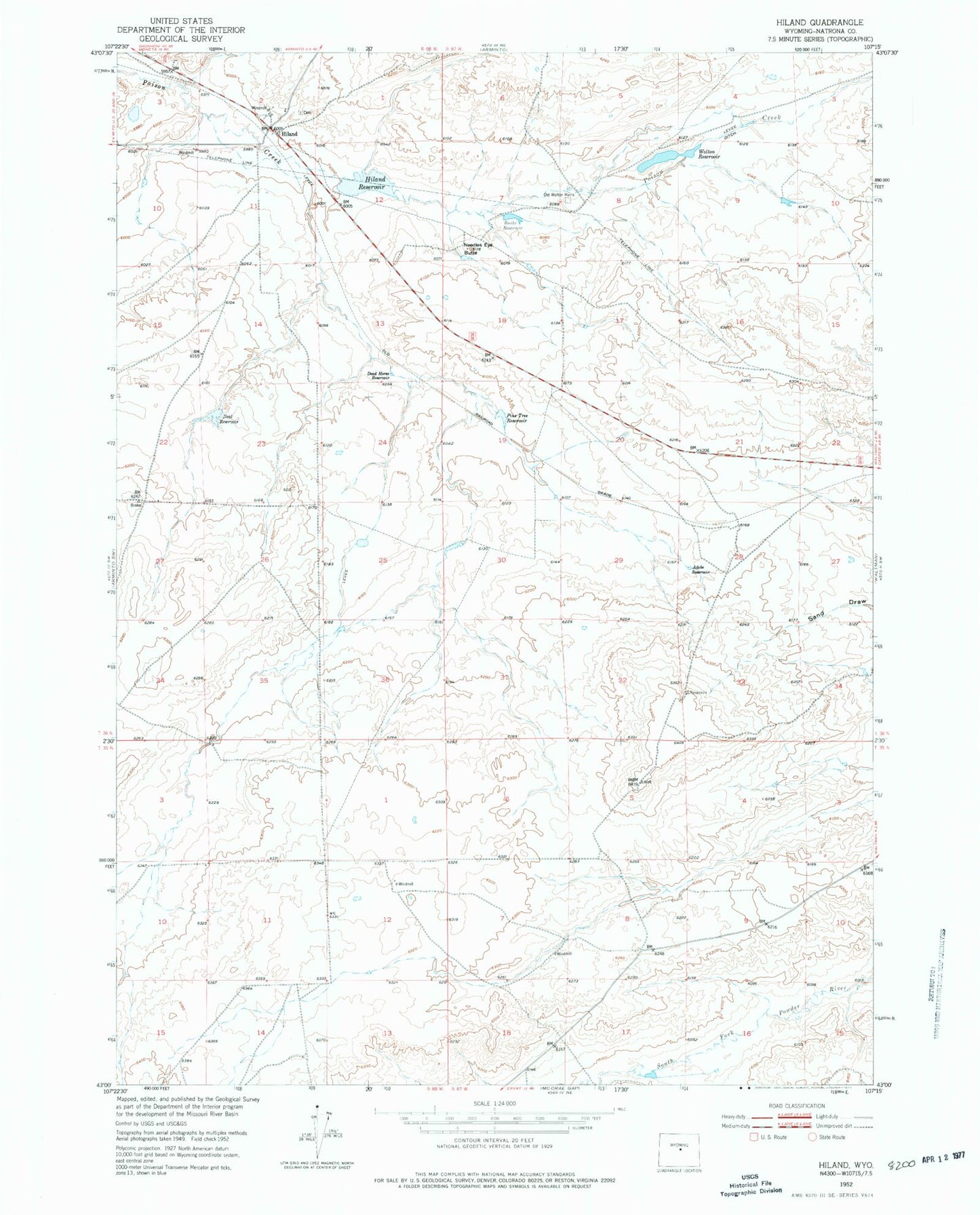 Classic USGS Hiland Wyoming 7.5'x7.5' Topo Map Image