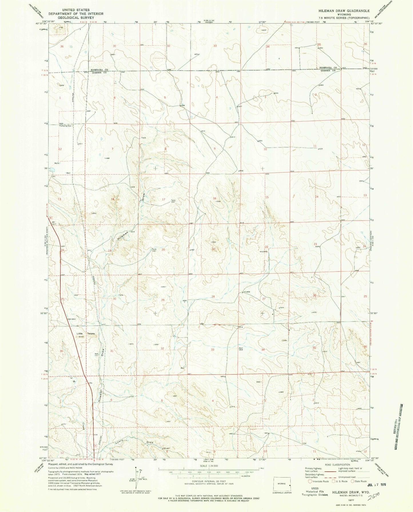 Classic USGS Hileman Draw Wyoming 7.5'x7.5' Topo Map Image